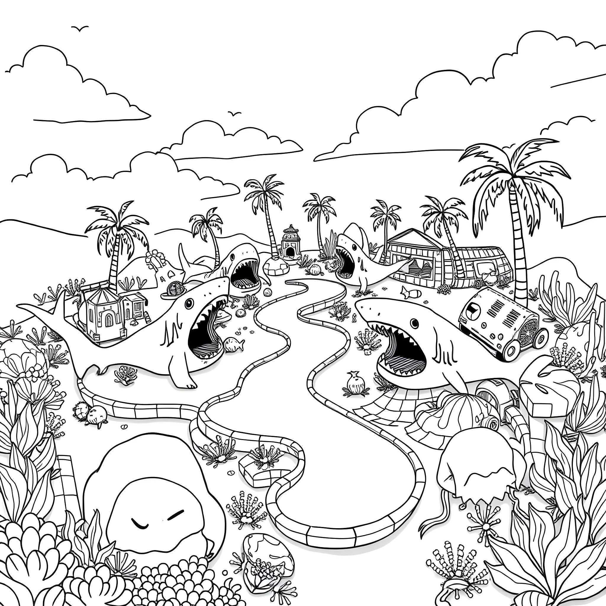 Shark-themed playful and whimsical scene Coloring Page (free black-and-white line drawing printable PDF for all, from beginners to advanced learners, including children, teens, adults, and seniors)