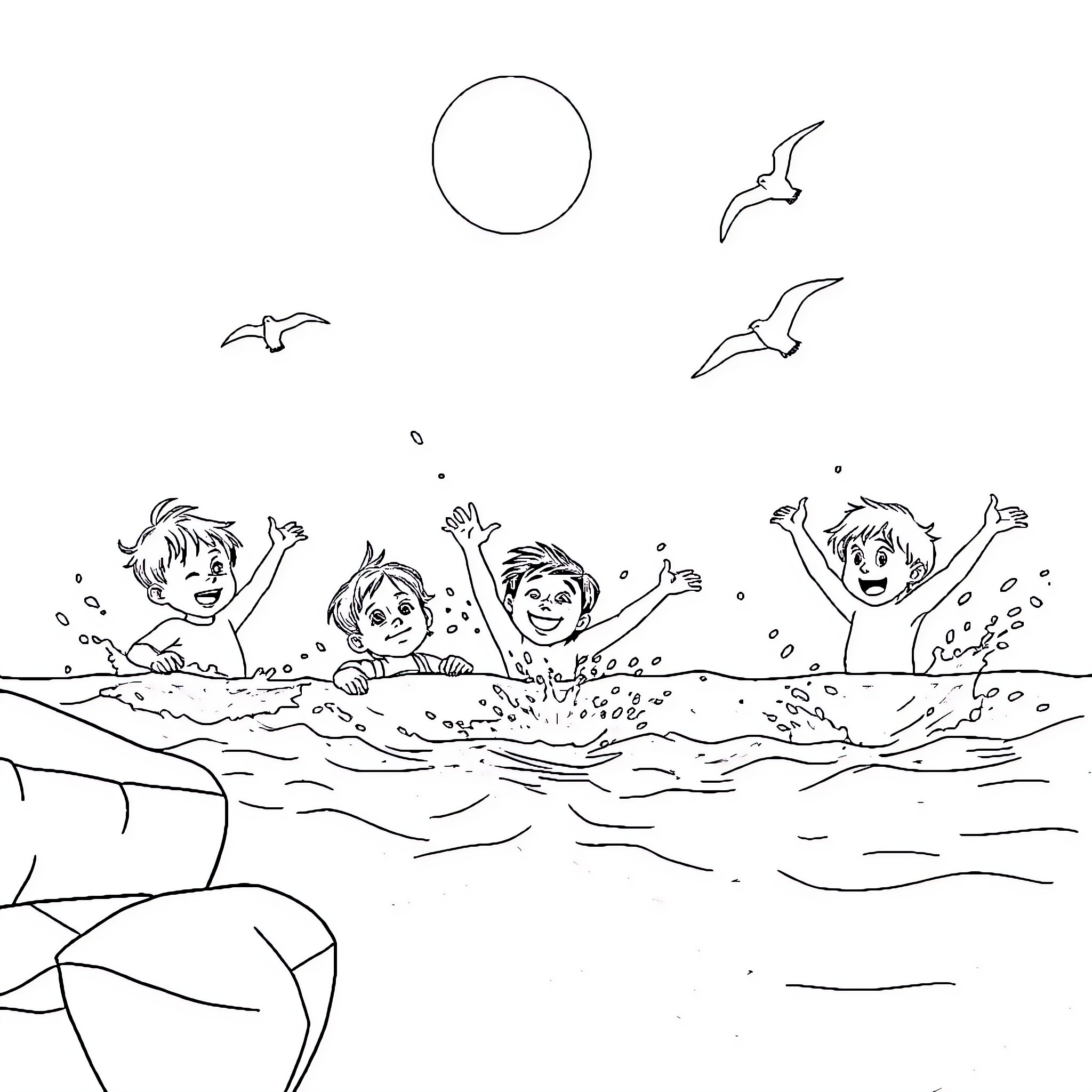 Kids playing and splashing in the ocean Coloring Page (free black-and-white line drawing printable PDF for all, from beginners to advanced learners, including children, teens, adults, and seniors)