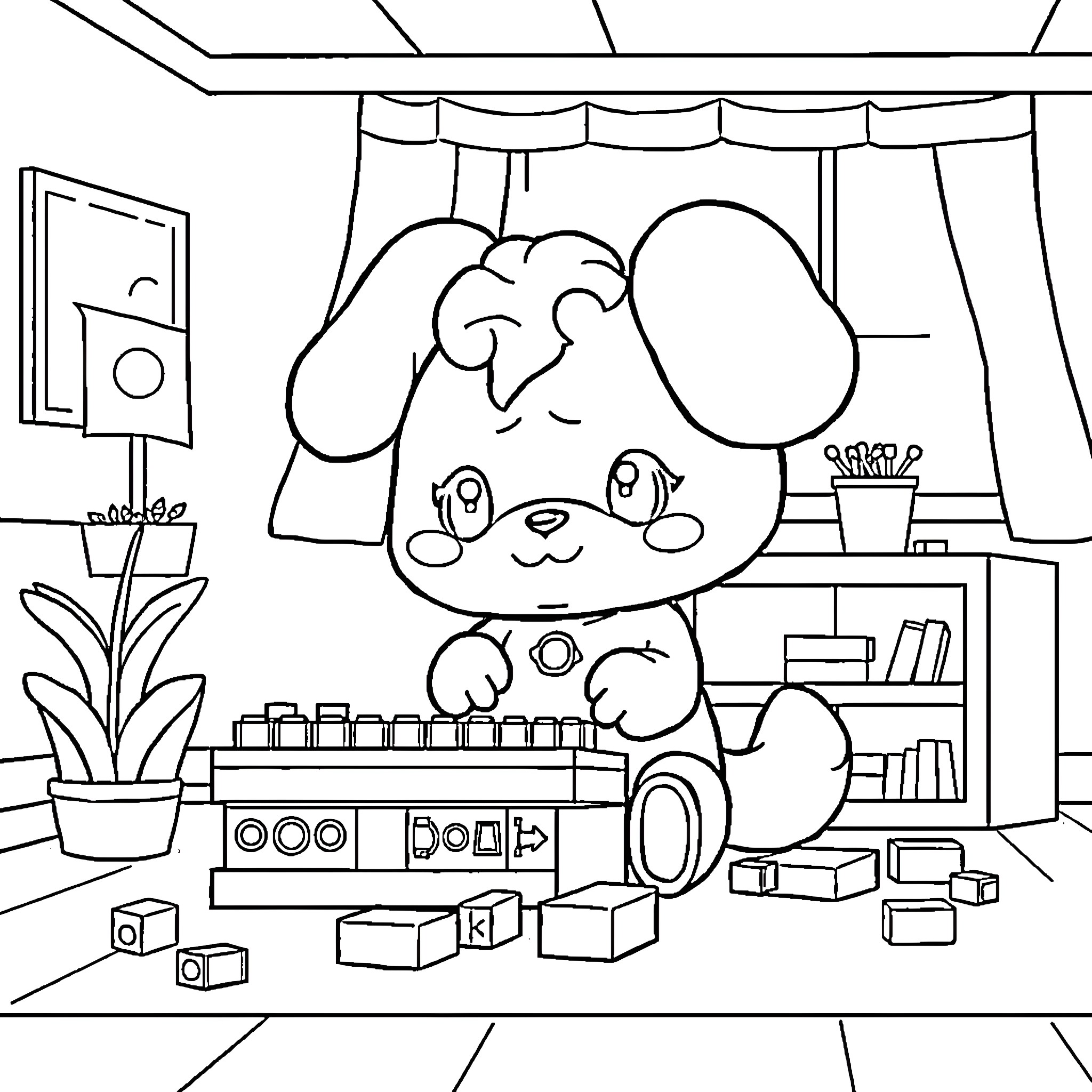 Cinnamoroll playing with toys in cozy room Coloring Page (free black-and-white line drawing printable PDF for all, from beginners to advanced learners, including children, teens, adults, and seniors)