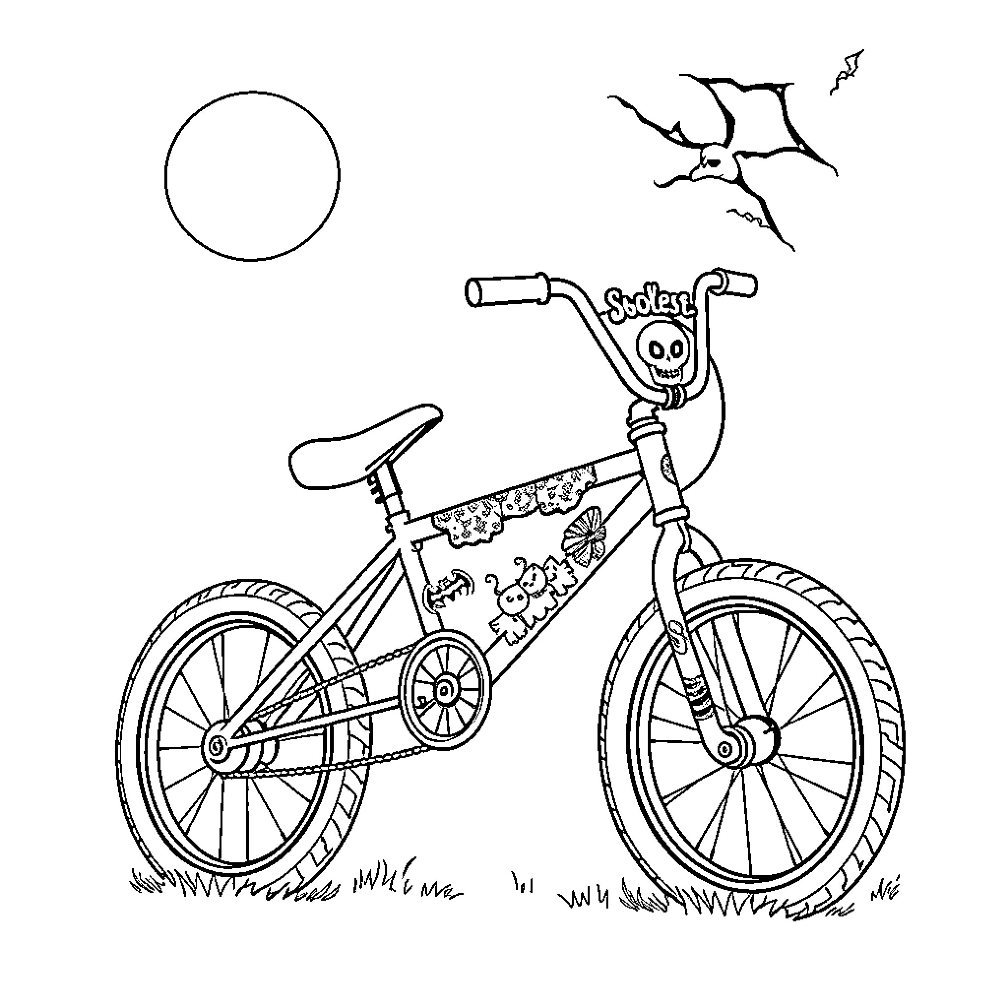 BMX bike with decorative elements and nighttime scene Coloring Page (free black-and-white line drawing printable PDF for all, from beginners to advanced learners, including children, teens, adults, and seniors)
