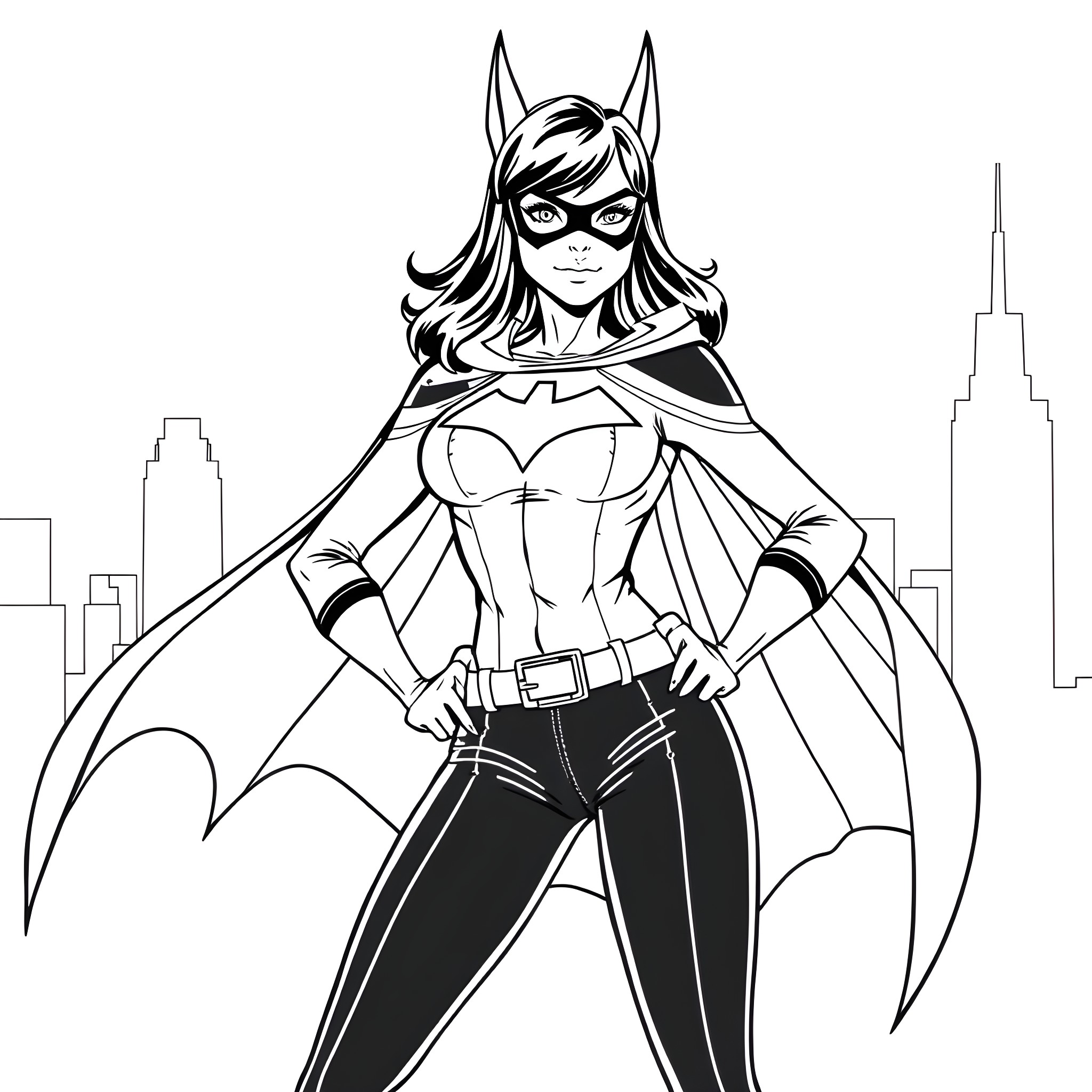 Bat Woman heroically standing in the city Coloring Page (free black-and-white line drawing printable PDF for all, from beginners to advanced learners, including children, teens, adults, and seniors)