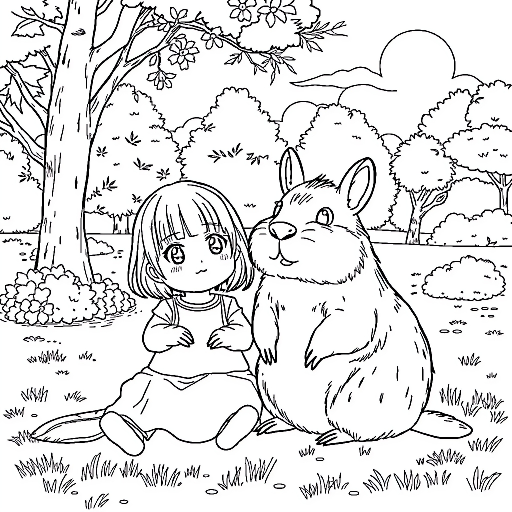 Kuromi interacting with a friendly forest animal Coloring Page (free black-and-white line drawing printable PDF for all, from beginners to advanced learners, including children, teens, adults, and seniors)