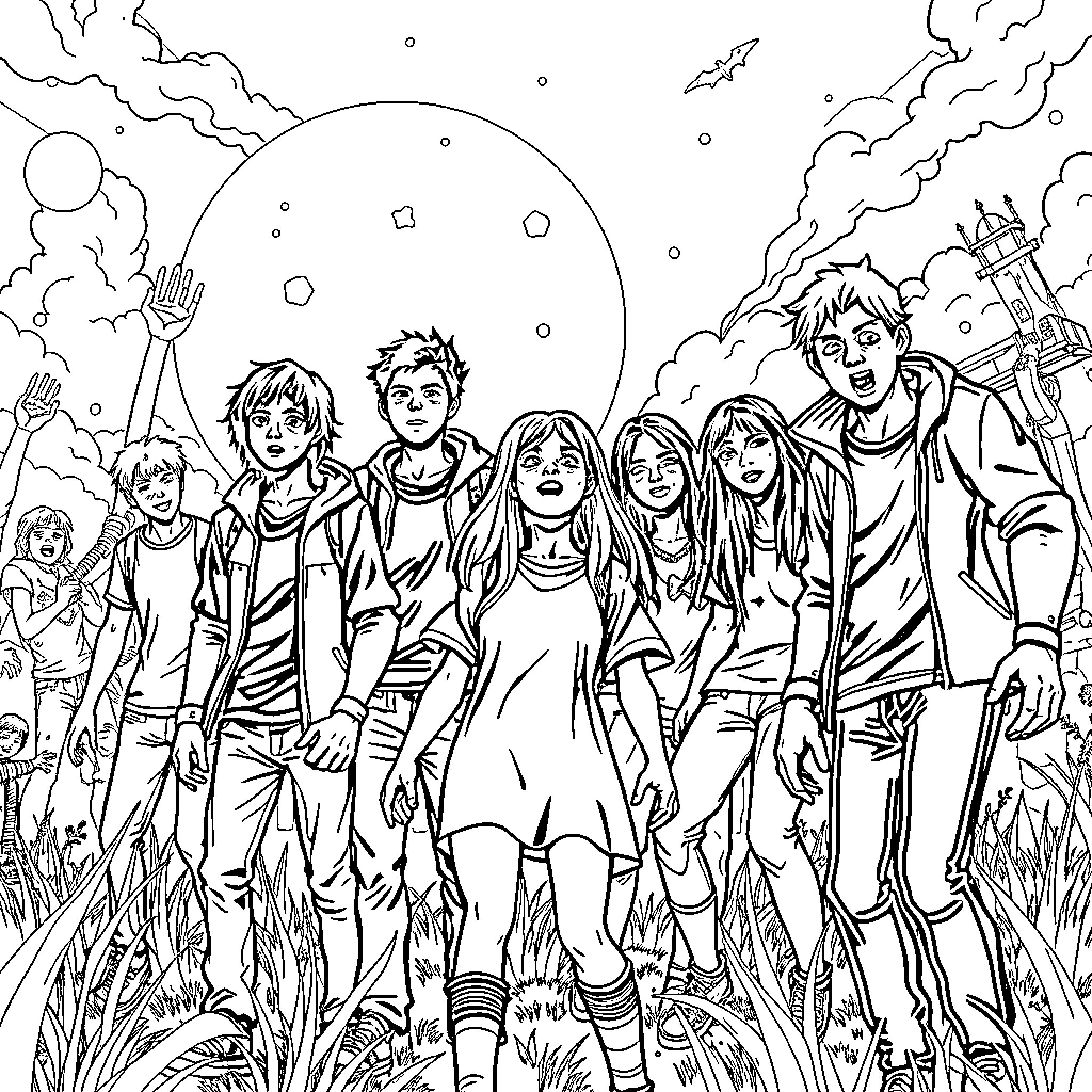 Teenagers exploring a fantastical landscape Coloring Page (free black-and-white line drawing printable PDF for all, from beginners to advanced learners, including children, teens, adults, and seniors)
