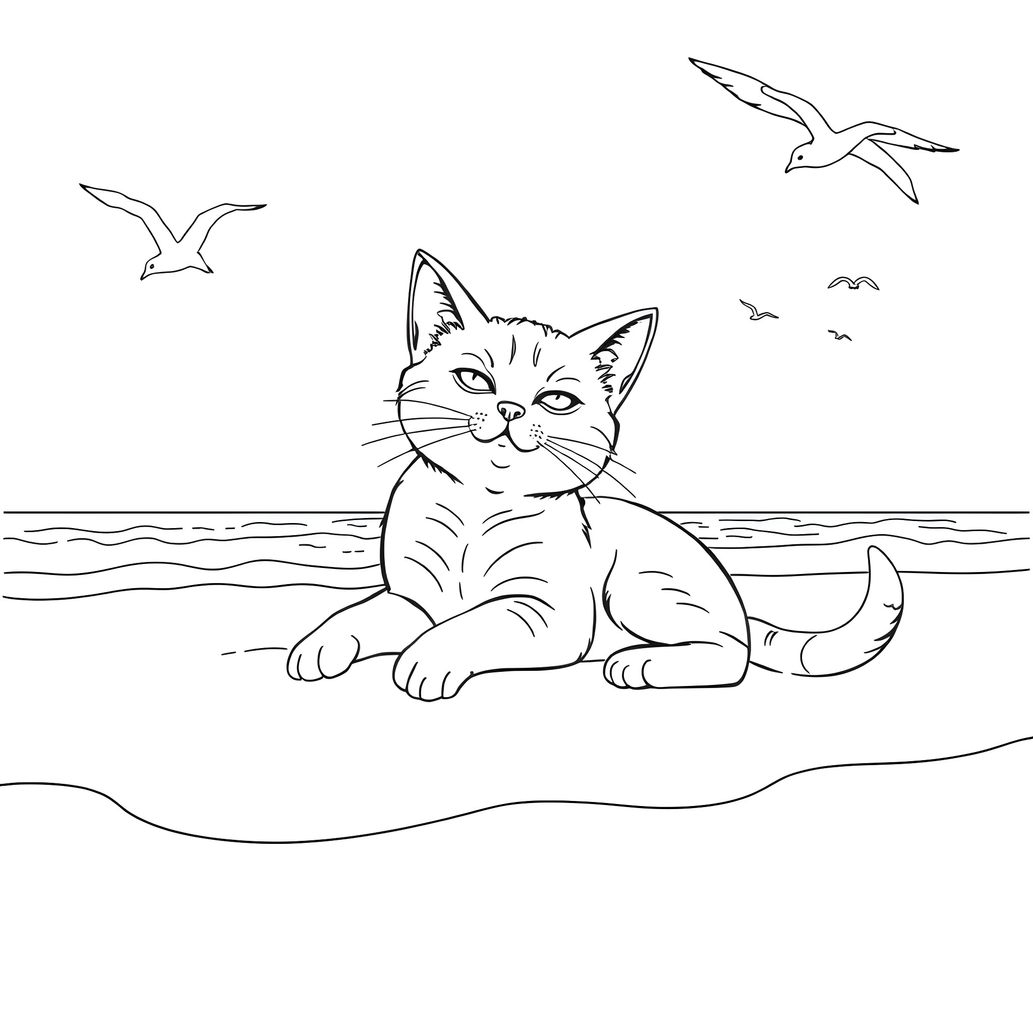 Cat relaxing on the beach with seagulls Coloring Page (free black-and-white line drawing printable PDF for all, from beginners to advanced learners, including children, teens, adults, and seniors)