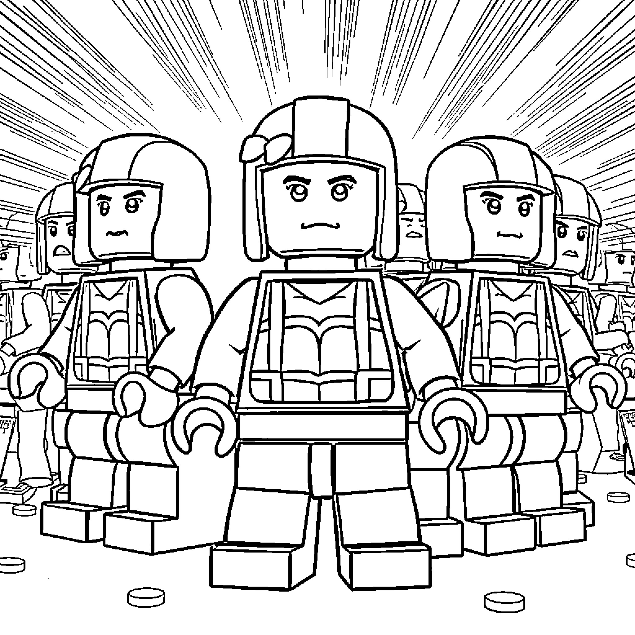 Lego Big Fig characters in heroic poses Coloring Page (free black-and-white line drawing printable PDF for all, from beginners to advanced learners, including children, teens, adults, and seniors)