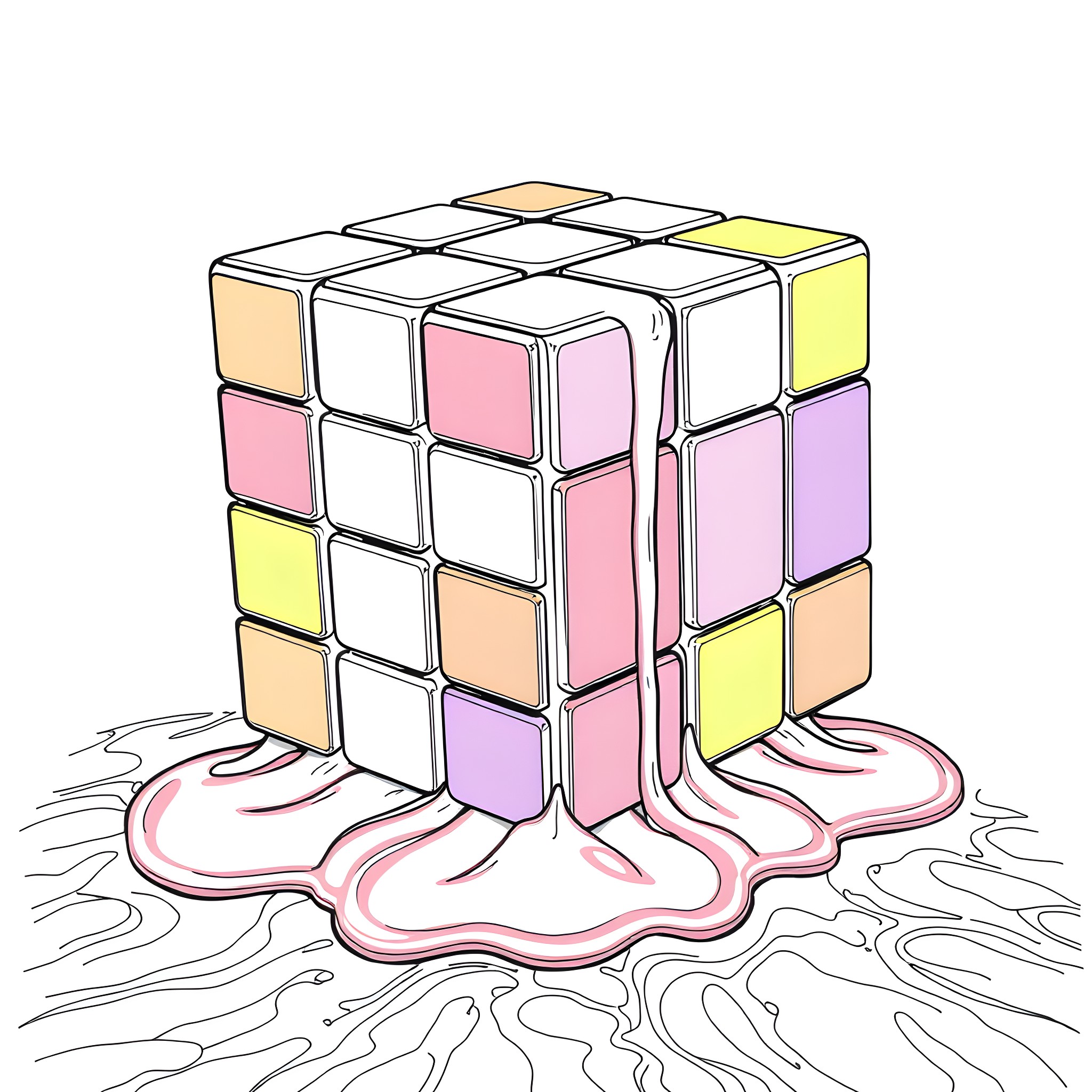 Rubik's Cube melting on psychedelic background Coloring Page (free black-and-white line drawing printable PDF for all, from beginners to advanced learners, including children, teens, adults, and seniors)