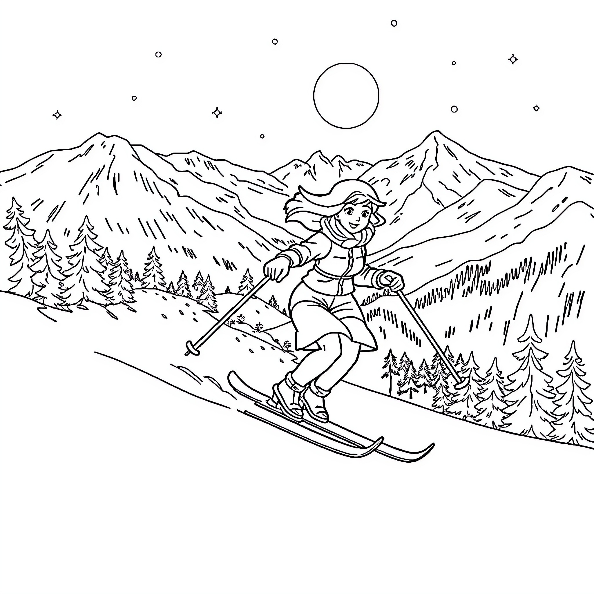 Snow White skiing down the snowy mountain Coloring Page (free black-and-white line drawing printable PDF for all, from beginners to advanced learners, including children, teens, adults, and seniors)