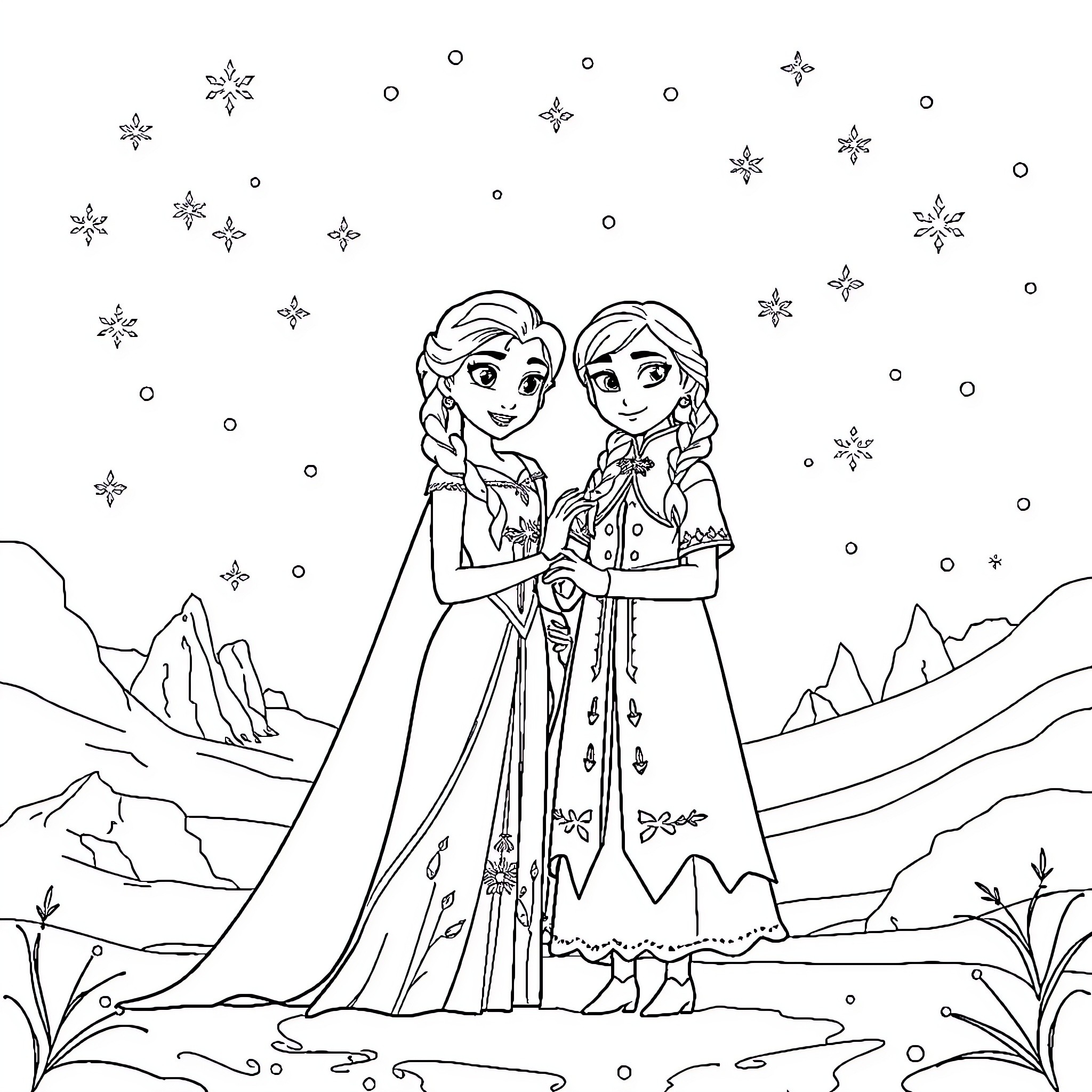 Frozen Sisters in a Snowy Wonderland Coloring Page (free black-and-white line drawing printable PDF for all, from beginners to advanced learners, including children, teens, adults, and seniors)