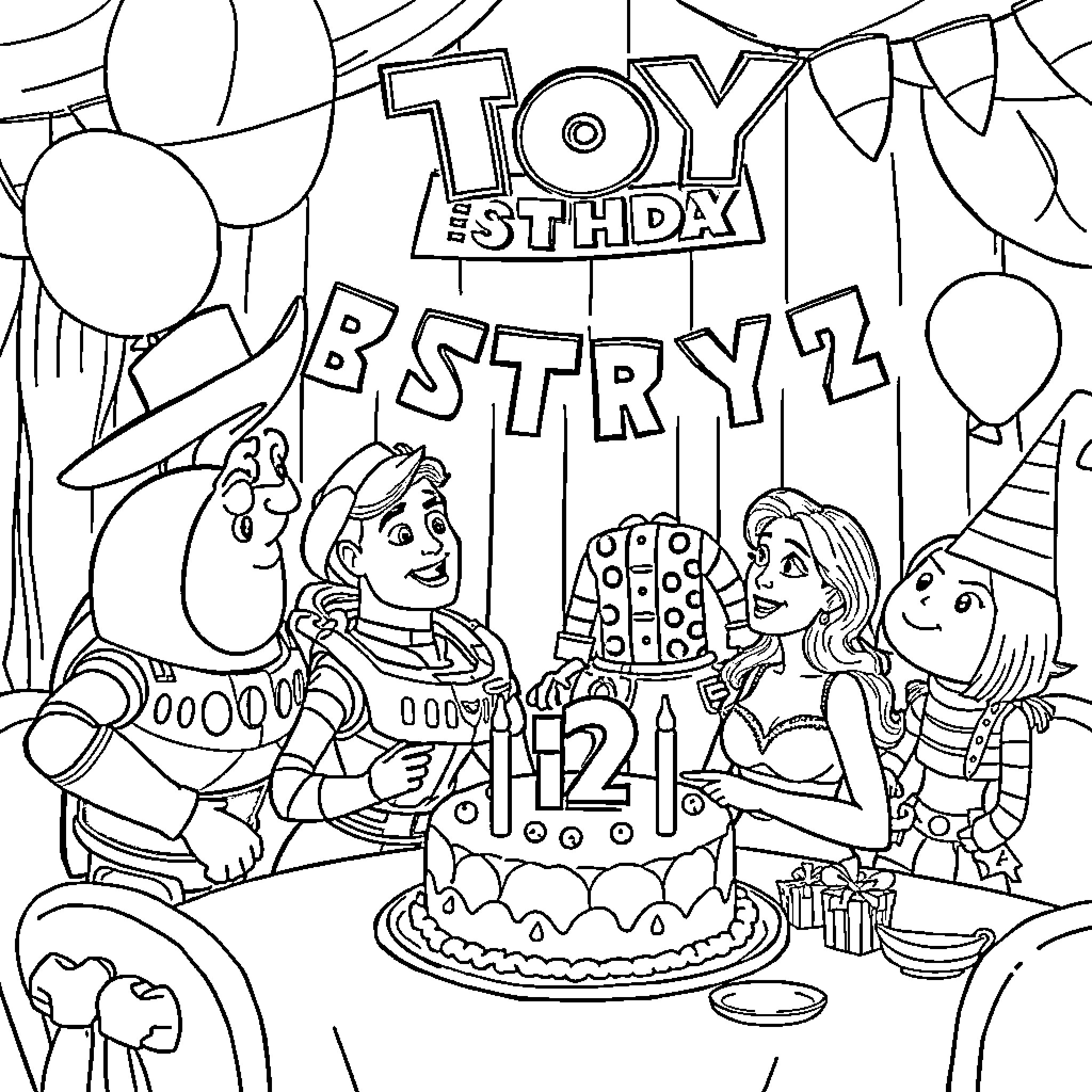 Toy Story Characters Celebrate Birthday Party Coloring Page (free black-and-white line drawing printable PDF for all, from beginners to advanced learners, including children, teens, adults, and seniors)