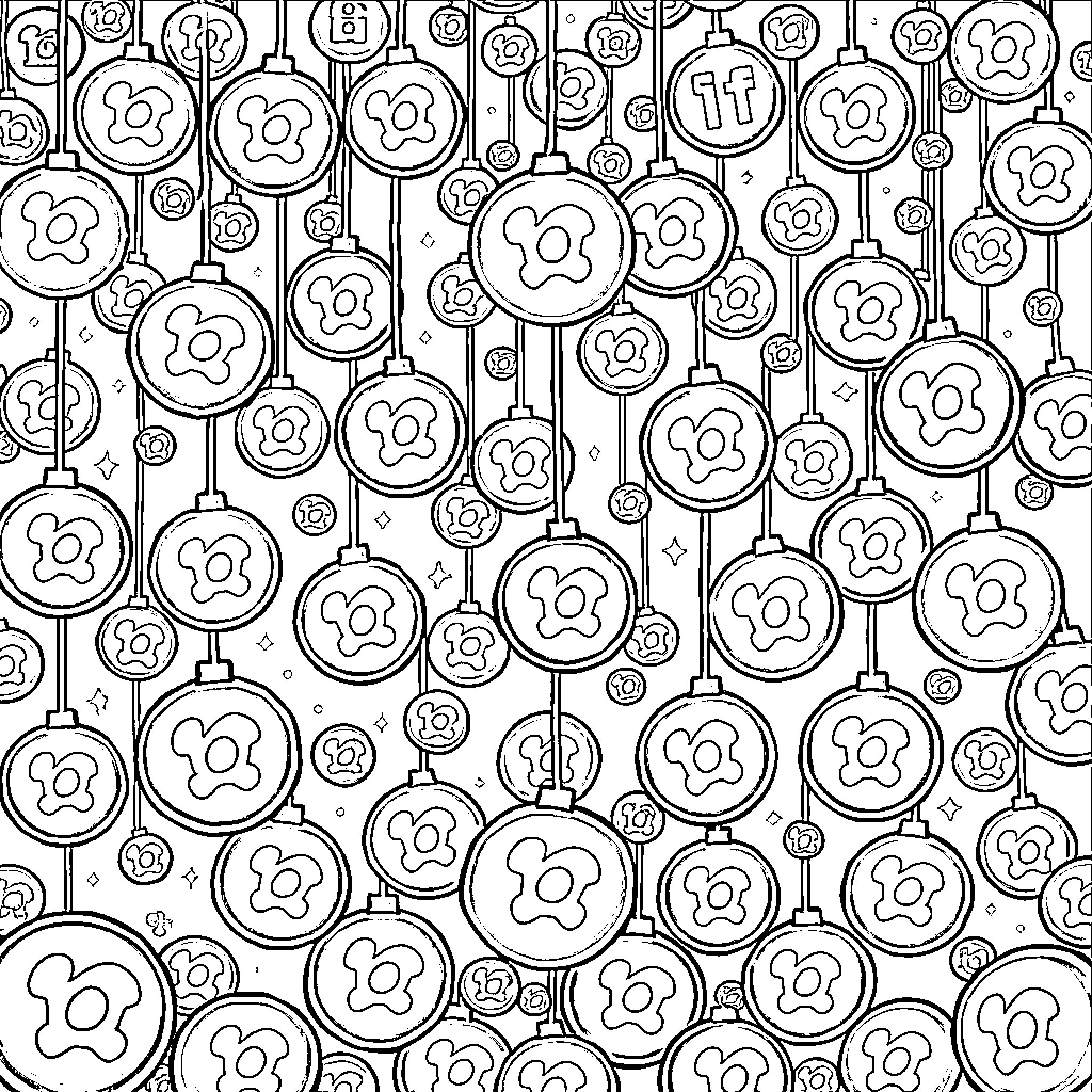 Ball-shaped Floral Decorations in Whimsical Arrangement Coloring Page (free black-and-white line drawing printable PDF for all, from beginners to advanced learners, including children, teens, adults, and seniors)