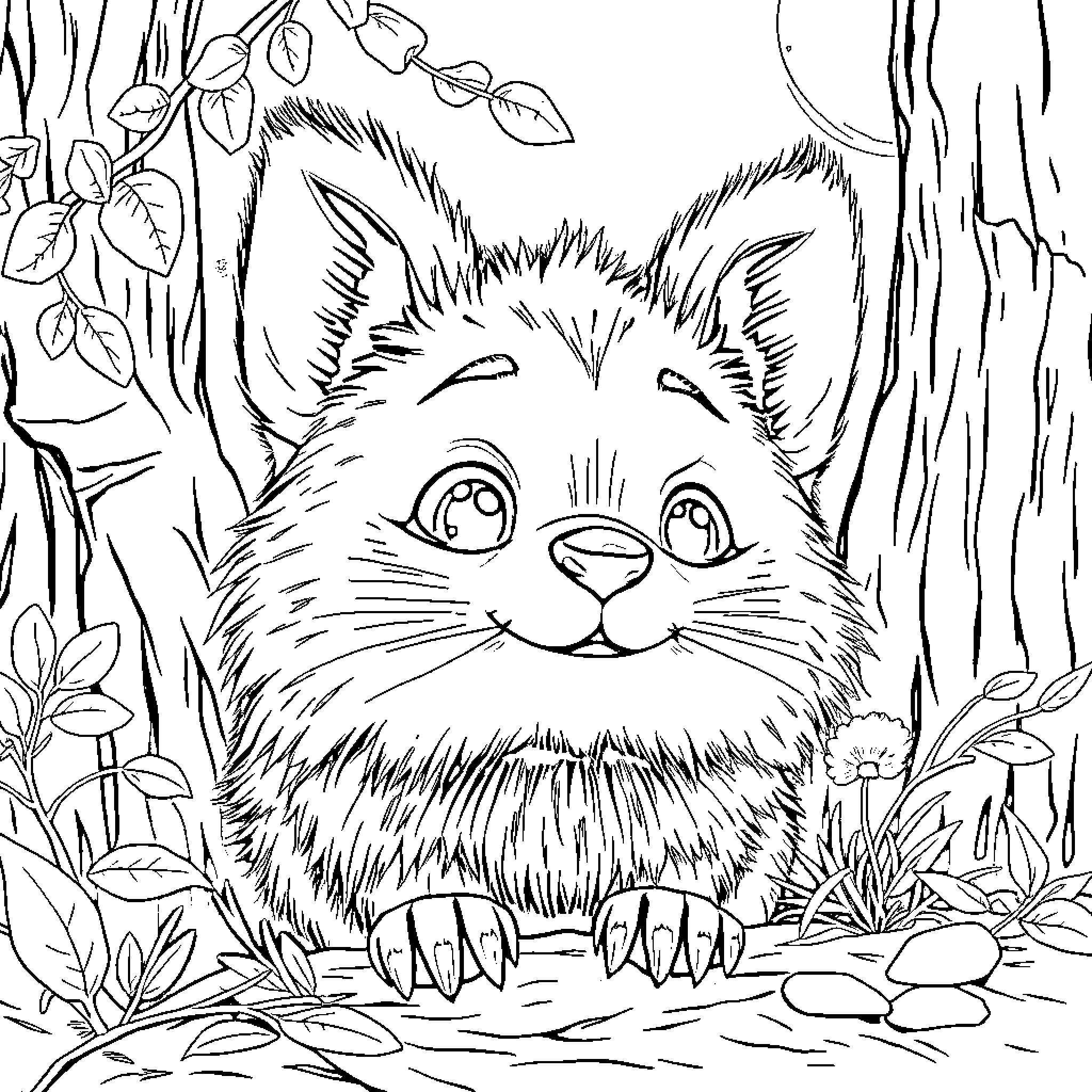 Despicable Me: Curious Kitten in the Enchanted Forest Coloring Page (free black-and-white line drawing printable PDF for all, from beginners to advanced learners, including children, teens, adults, and seniors)