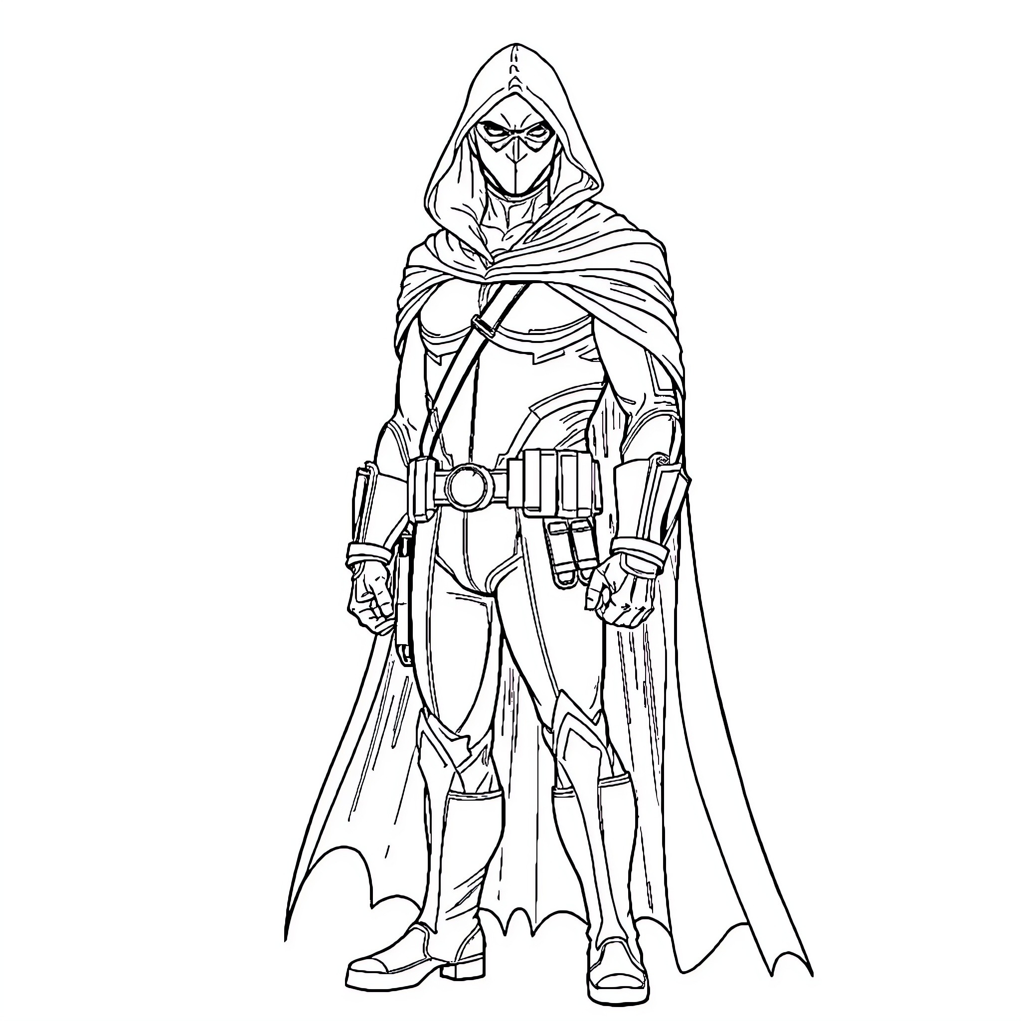 Moon Knight in Heroic Pose with Mysterious Attire Coloring Page (free black-and-white line drawing printable PDF for all, from beginners to advanced learners, including children, teens, adults, and seniors)