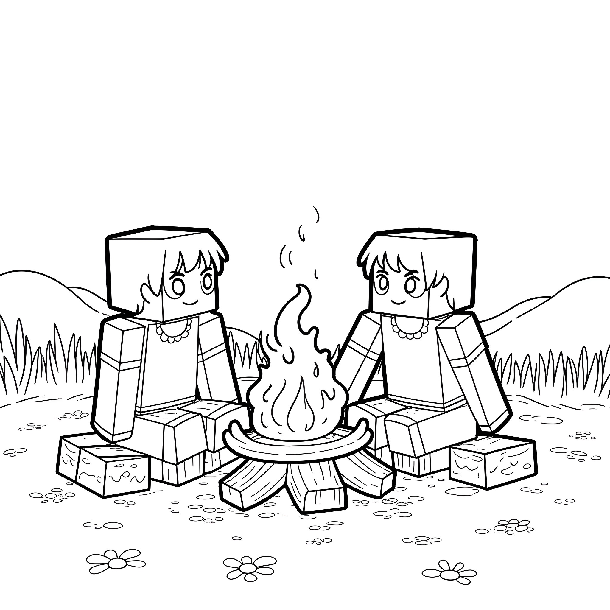 Minecraft characters enjoying a campfire in the wilderness Coloring Page (free black-and-white line drawing printable PDF for all, from beginners to advanced learners, including children, teens, adults, and seniors)