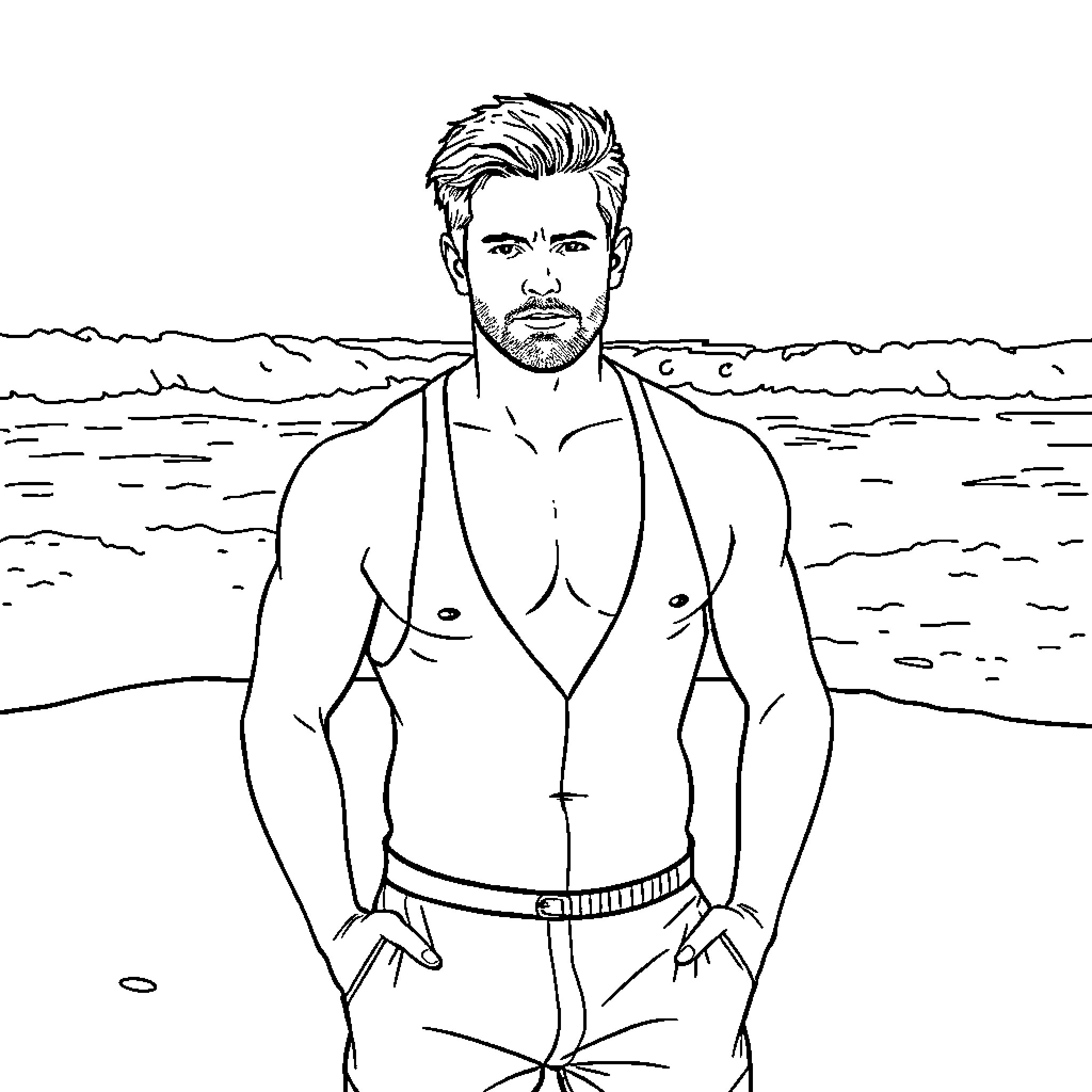 Henry Cavill posing shirtless on the beach Coloring Page (free black-and-white line drawing printable PDF for all, from beginners to advanced learners, including children, teens, adults, and seniors)