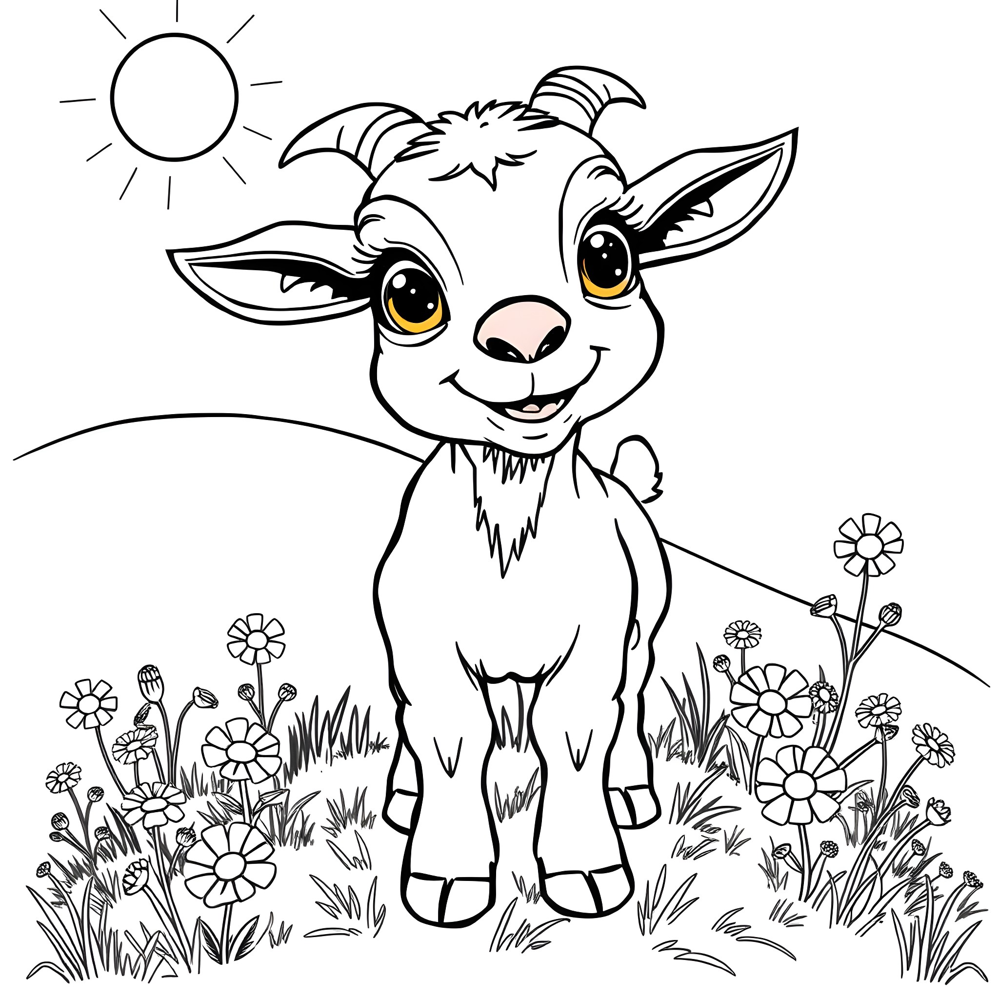 Goat enjoying the sunny day in the meadow Coloring Page (free black-and-white line drawing printable PDF for all, from beginners to advanced learners, including children, teens, adults, and seniors)