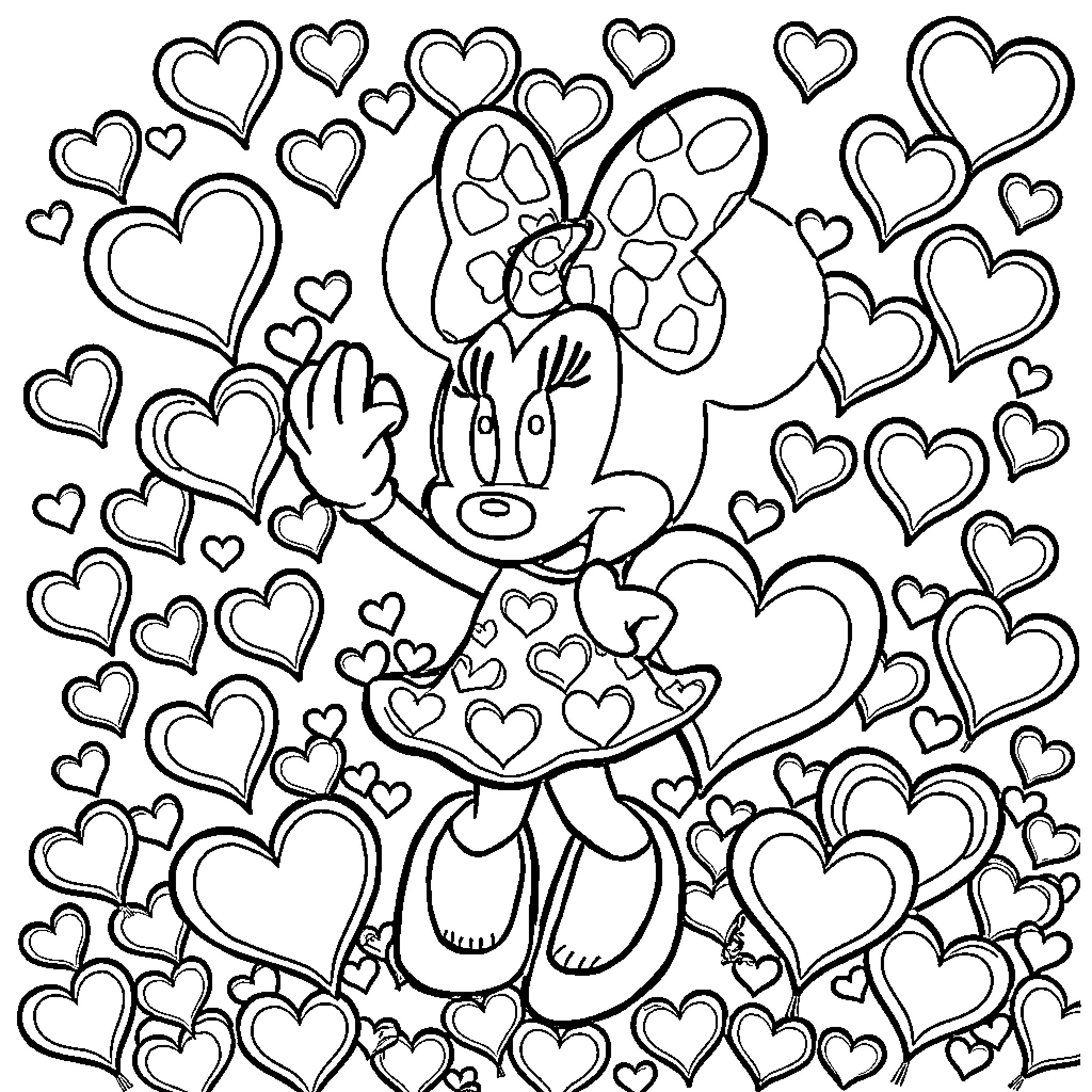 Mini Minnie Mouse surrounded by hearts Coloring Page (free black-and-white line drawing printable PDF for all, from beginners to advanced learners, including children, teens, adults, and seniors)