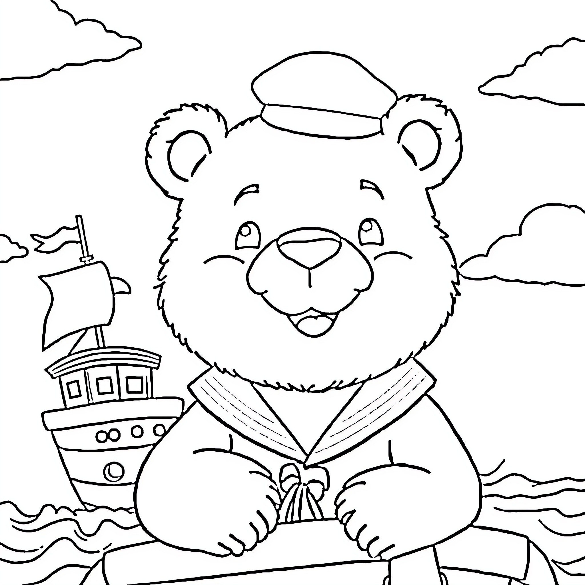Rasmus Klump the Sailor Bear Exploring the Seas Coloring Page (free black-and-white line drawing printable PDF for all, from beginners to advanced learners, including children, teens, adults, and seniors)