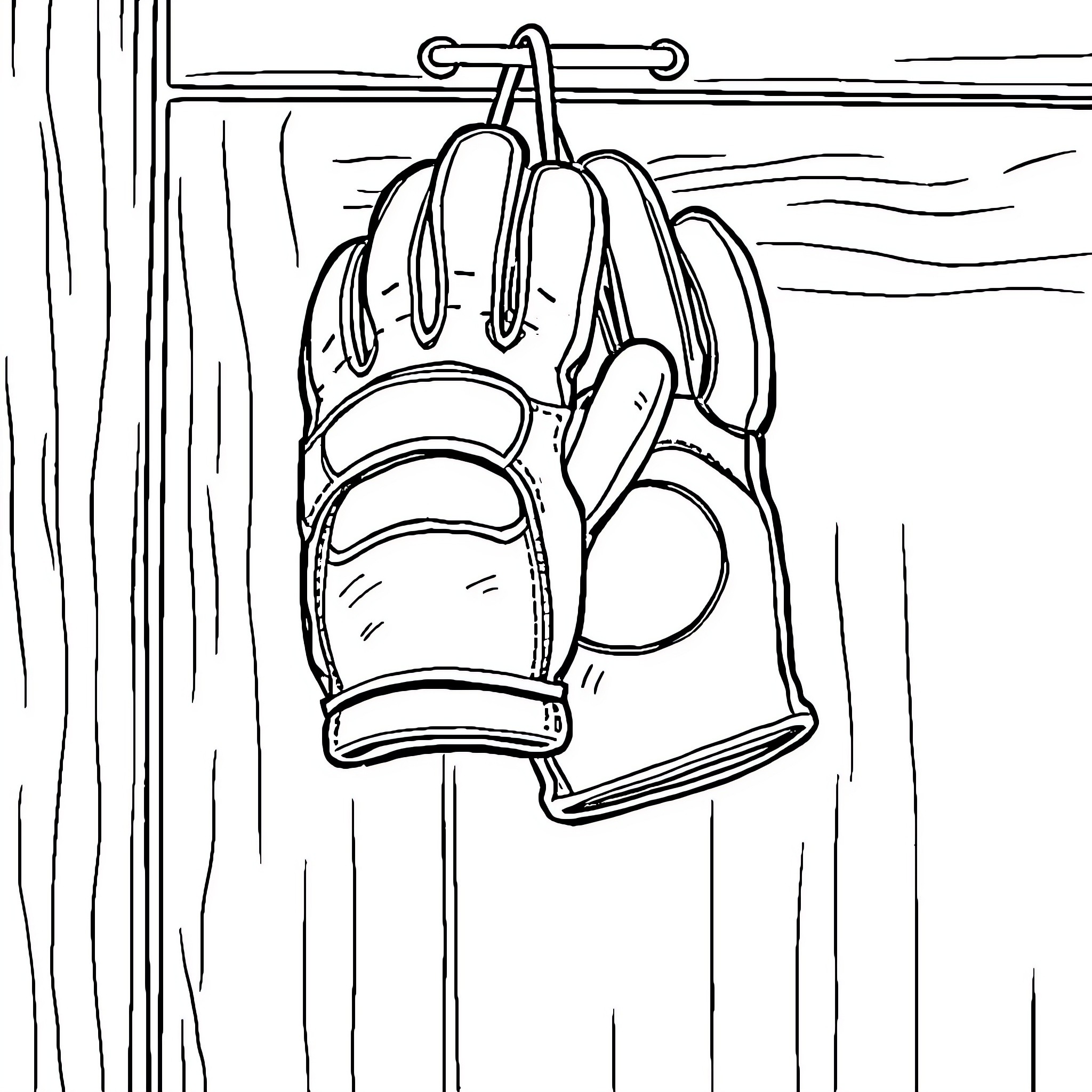 Baseball gloves and equipment hanging on a rack Coloring Page (free black-and-white line drawing printable PDF for all, from beginners to advanced learners, including children, teens, adults, and seniors)