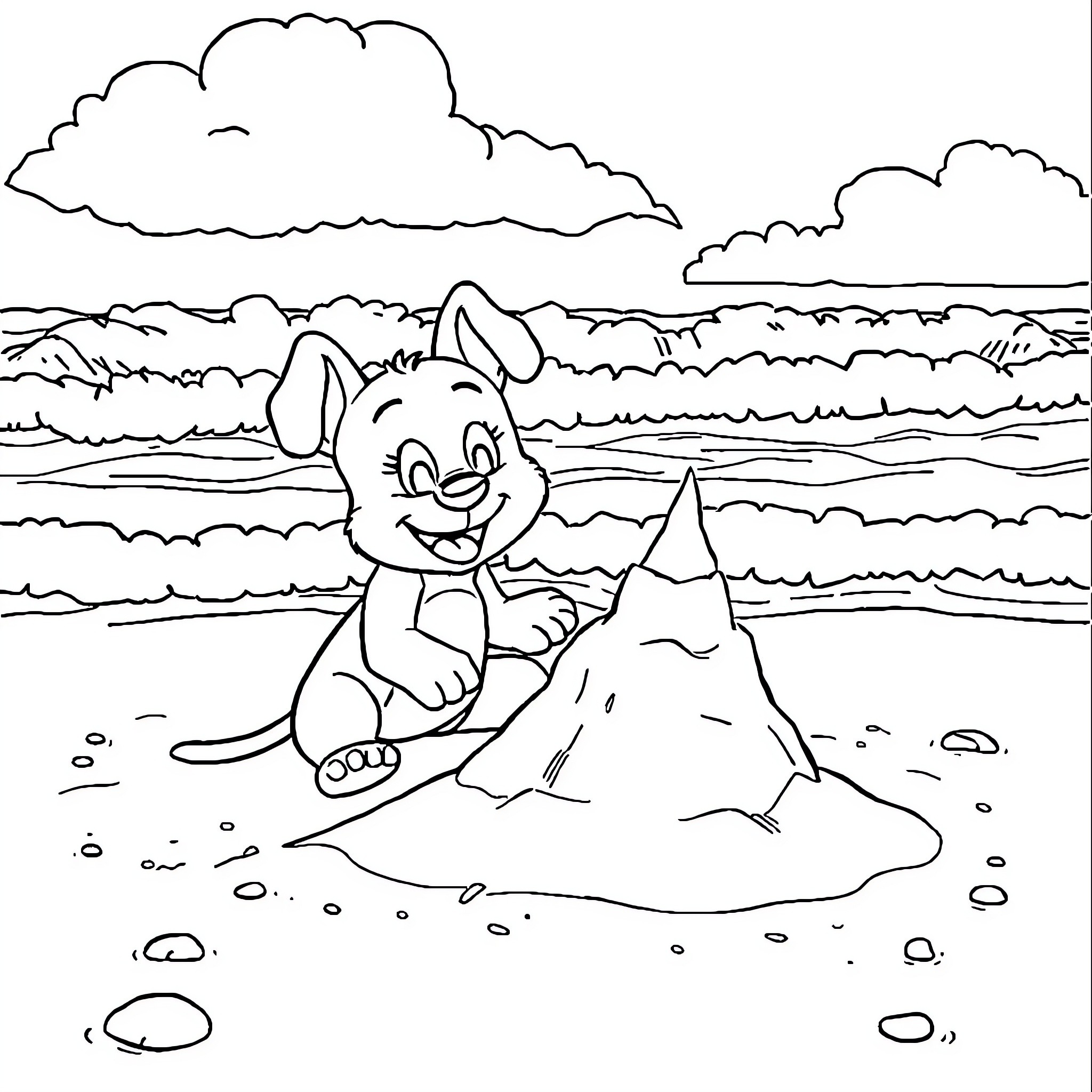 Bluey building a sandcastle at the beach Coloring Page (free black-and-white line drawing printable PDF for all, from beginners to advanced learners, including children, teens, adults, and seniors)