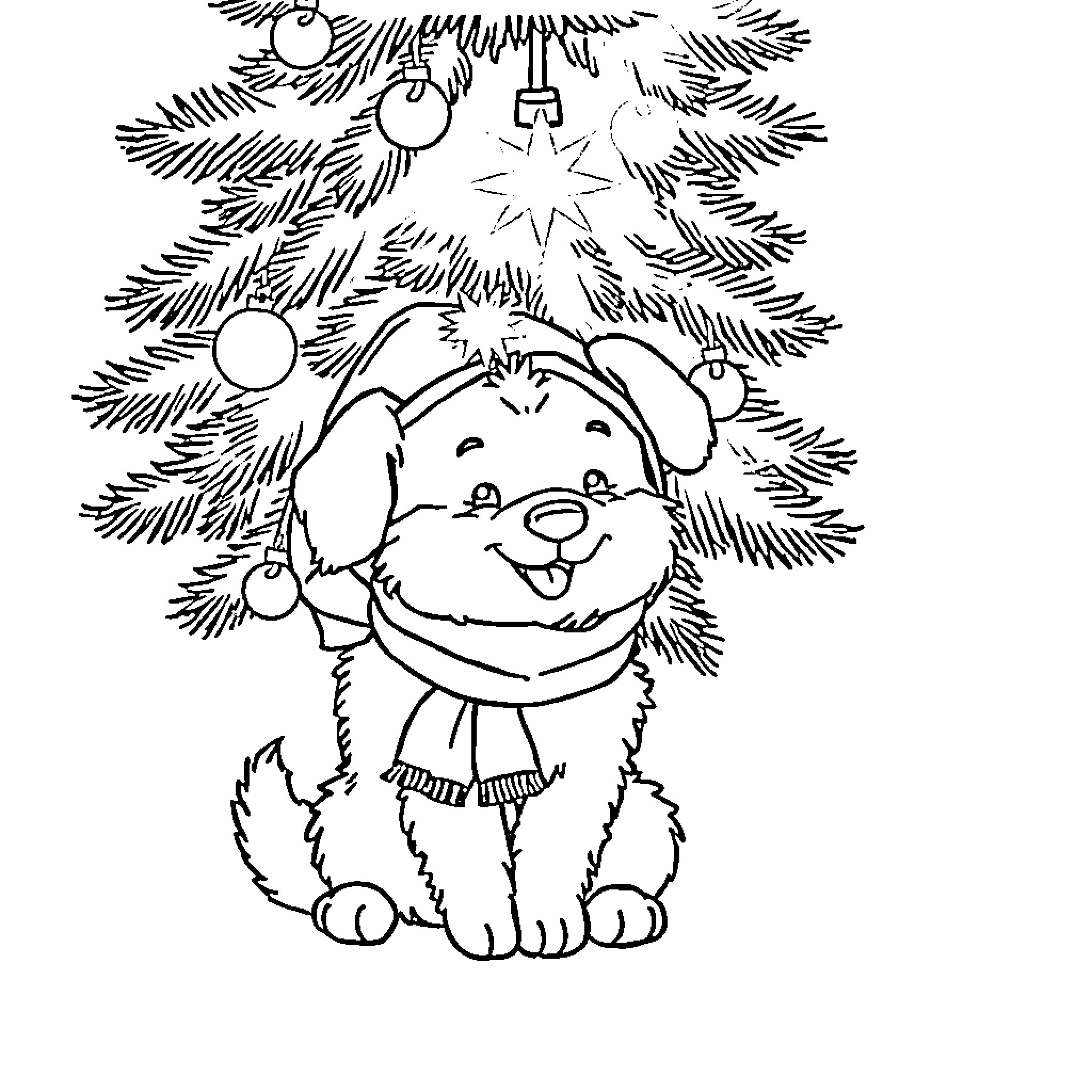 Hundewelpe playing under the Christmas tree Coloring Page (free black-and-white line drawing printable PDF for all, from beginners to advanced learners, including children, teens, adults, and seniors)