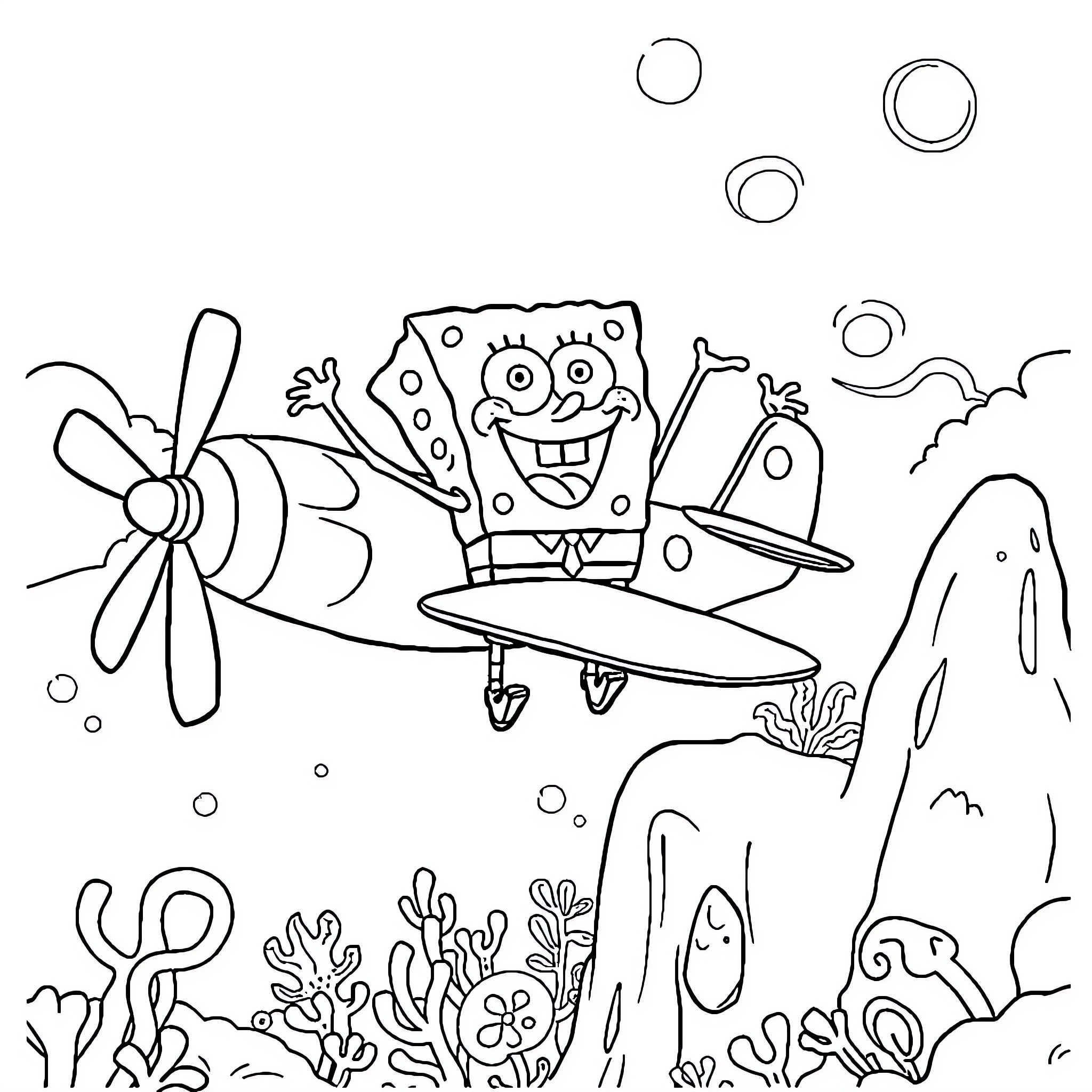 Spongebob's Adventurous Airplane Ride Coloring Page (free black-and-white line drawing printable PDF for all, from beginners to advanced learners, including children, teens, adults, and seniors)