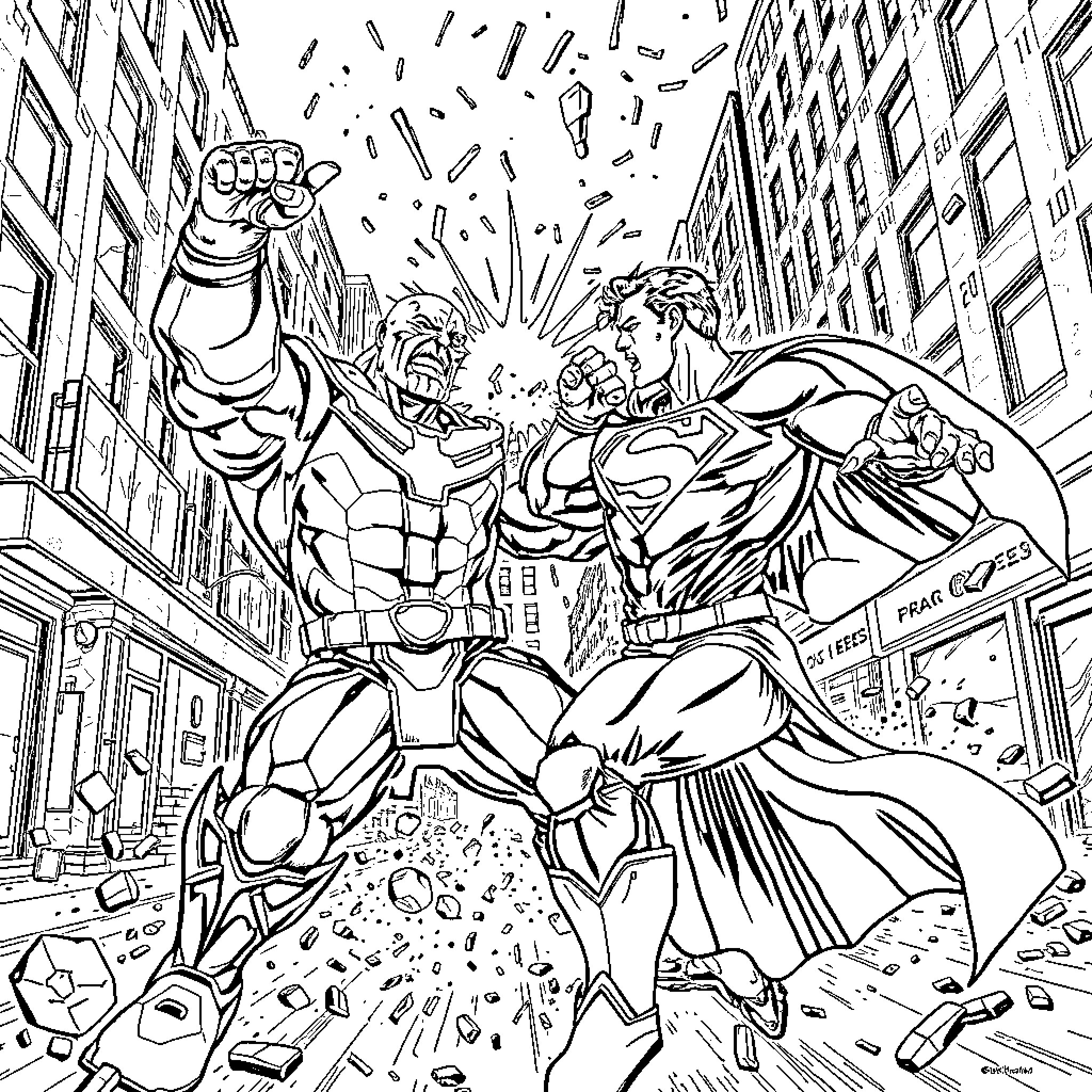Thanos' Mighty Clash with Superhero Champions Coloring Page (free black-and-white line drawing printable PDF for all, from beginners to advanced learners, including children, teens, adults, and seniors)
