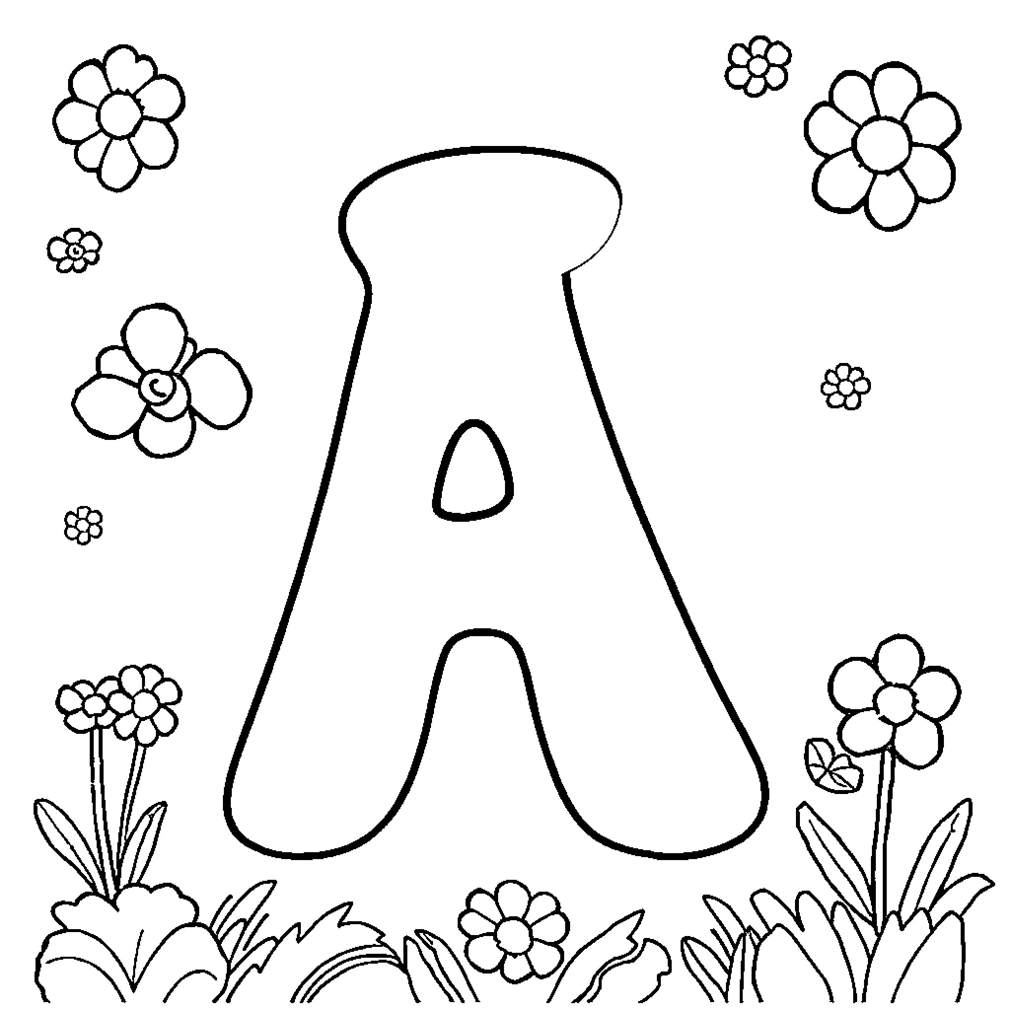 Alphabet A with Floral Decorations Coloring Page (free black-and-white line drawing printable PDF for all, from beginners to advanced learners, including children, teens, adults, and seniors)