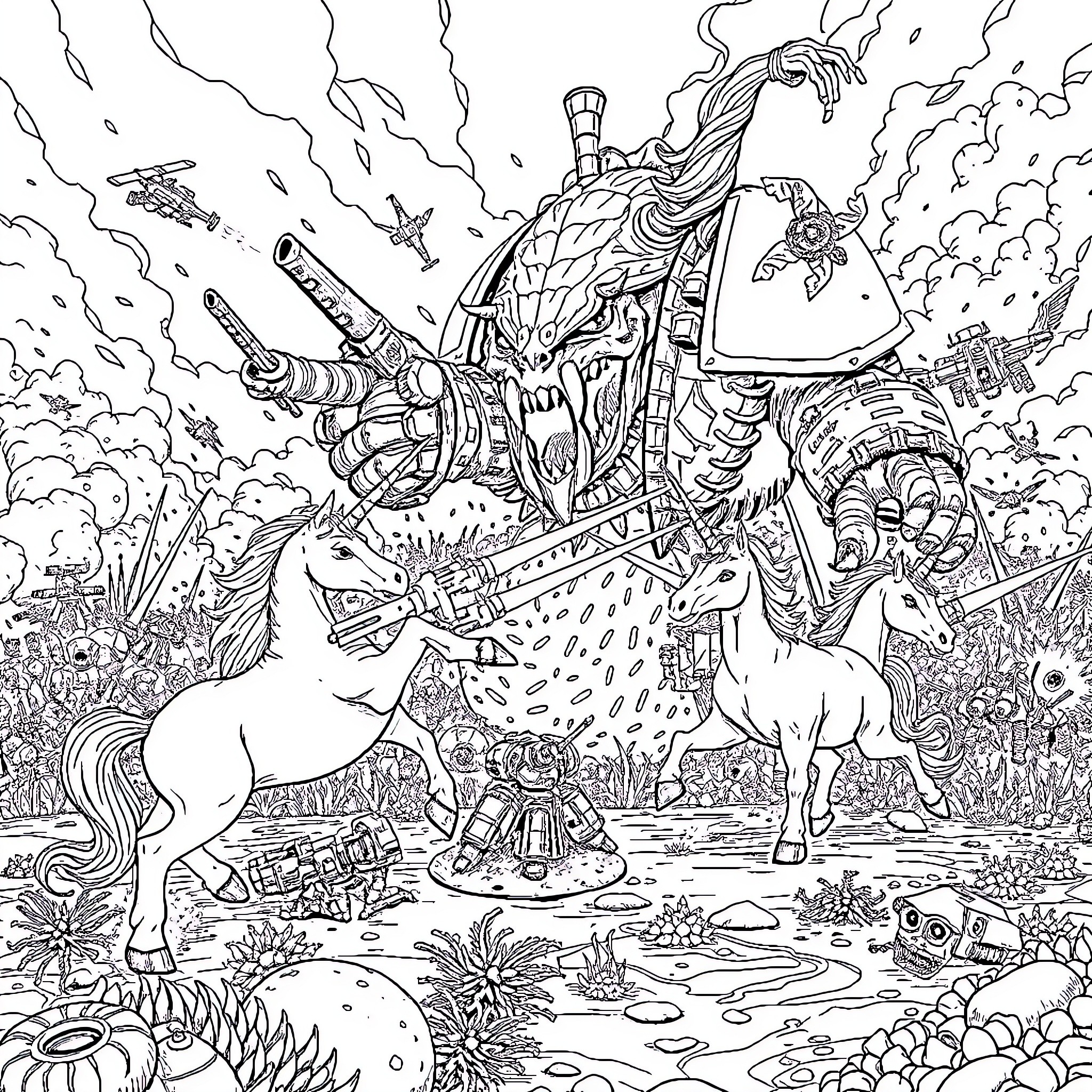 Unicorn Warrior Rides Amongst the Chaos Coloring Page (free black-and-white line drawing printable PDF for all, from beginners to advanced learners, including children, teens, adults, and seniors)