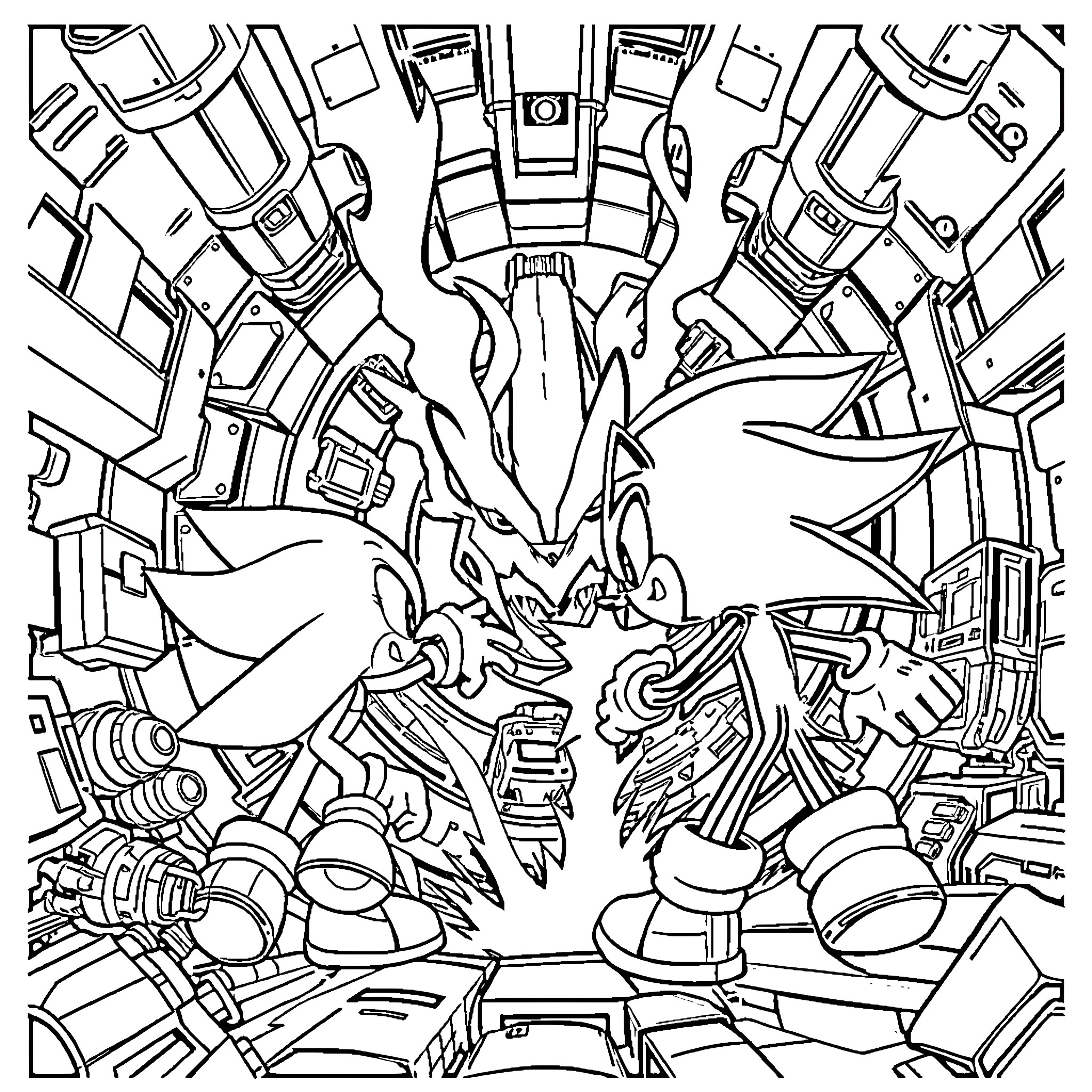 Sonic's Futuristic Mechanical Adventure Coloring Page (free black-and-white line drawing printable PDF for all, from beginners to advanced learners, including children, teens, adults, and seniors)