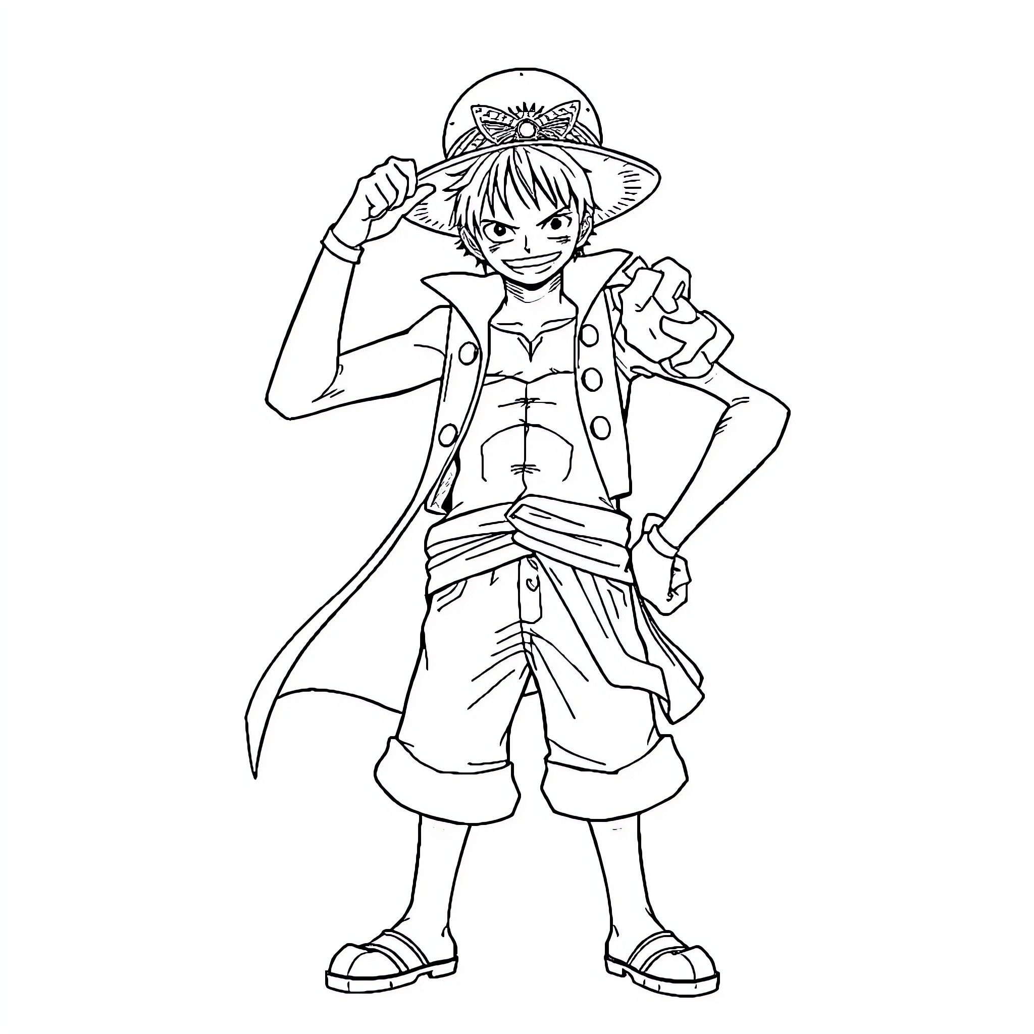 Luffy Striking a Confident Pose in Adventurous Attire Coloring Page (free black-and-white line drawing printable PDF for all, from beginners to advanced learners, including children, teens, adults, and seniors)
