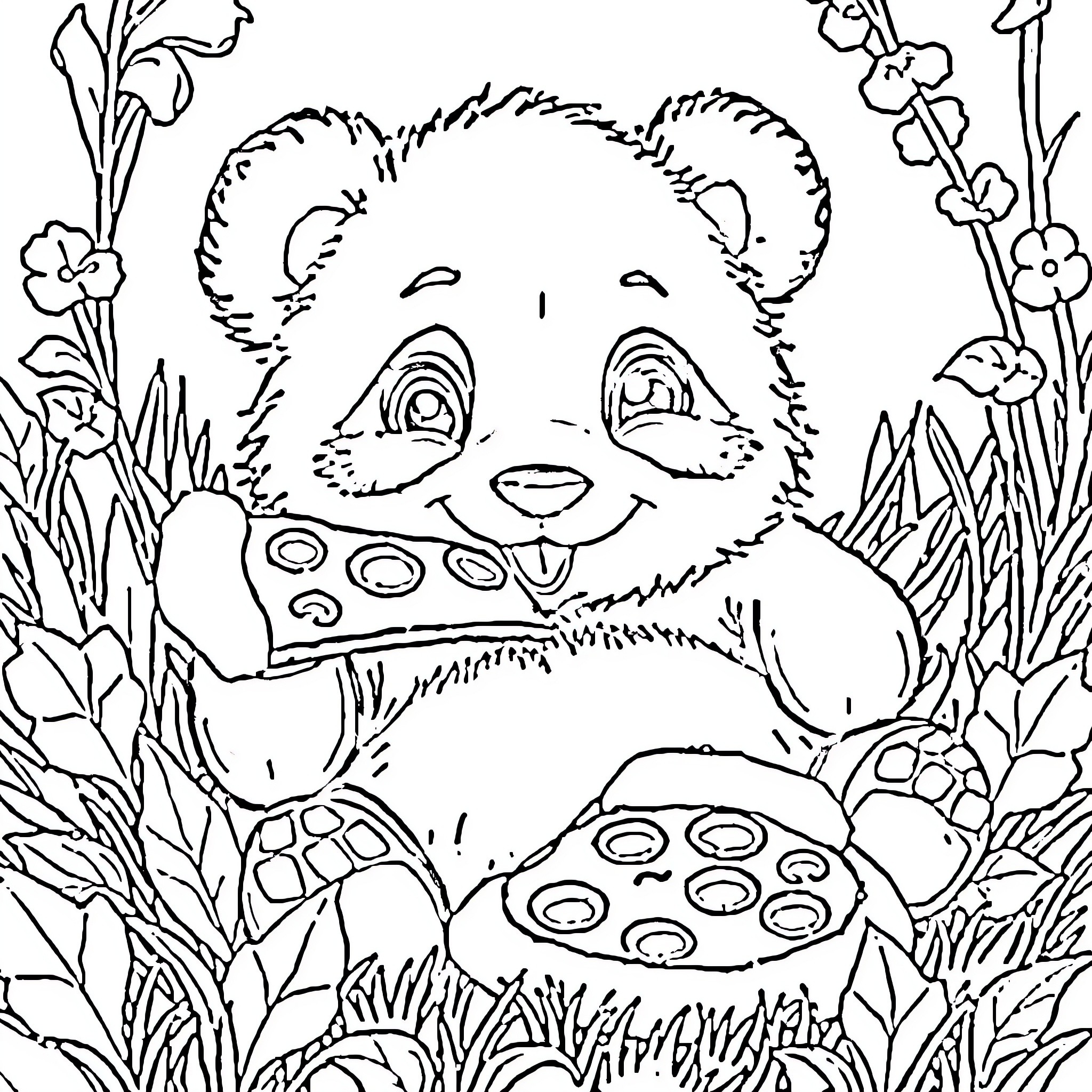 Panda playing in a lush garden Coloring Page (free black-and-white line drawing printable PDF for all, from beginners to advanced learners, including children, teens, adults, and seniors)