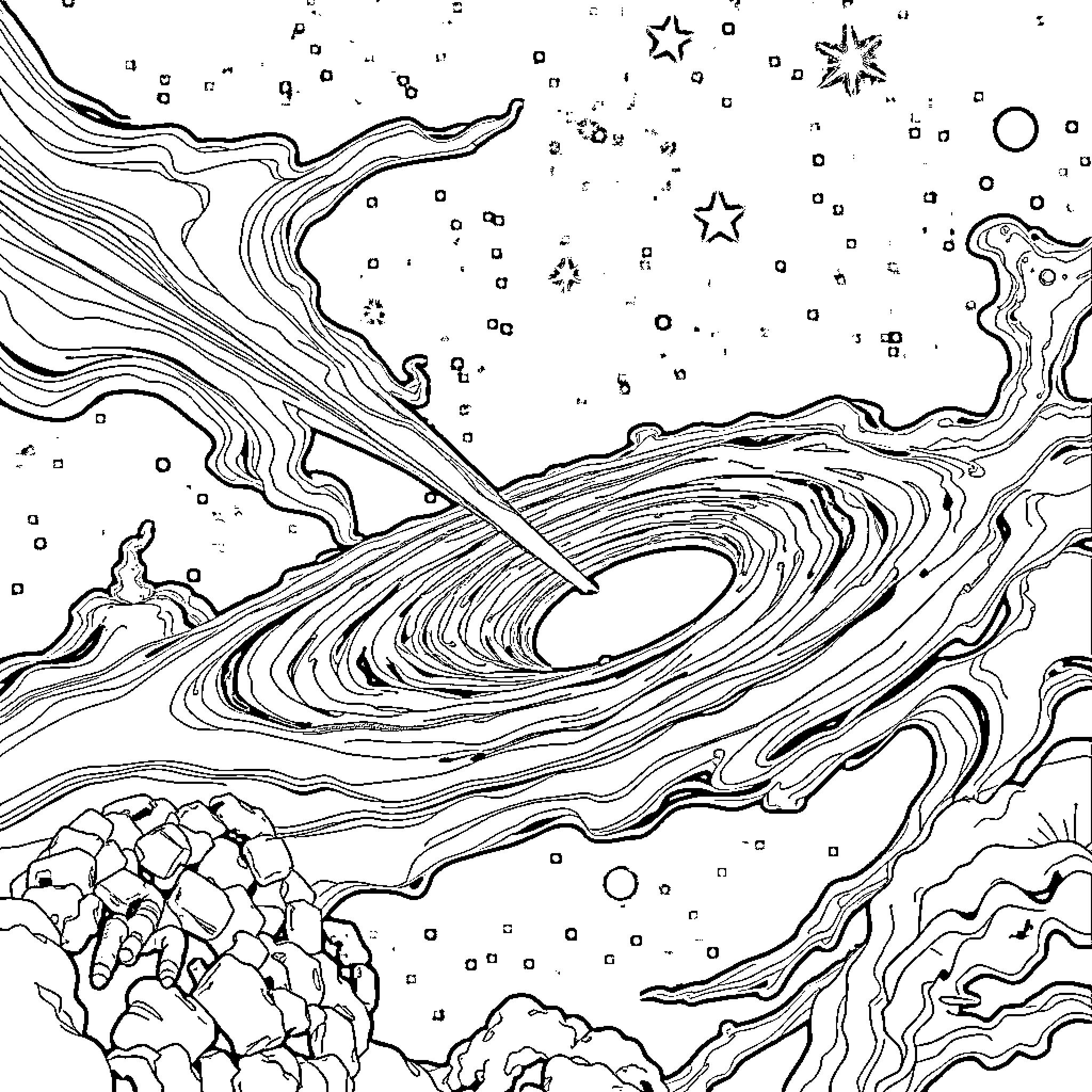Black Hole Swirling Cosmic Landscape Coloring Page (free black-and-white line drawing printable PDF for all, from beginners to advanced learners, including children, teens, adults, and seniors)