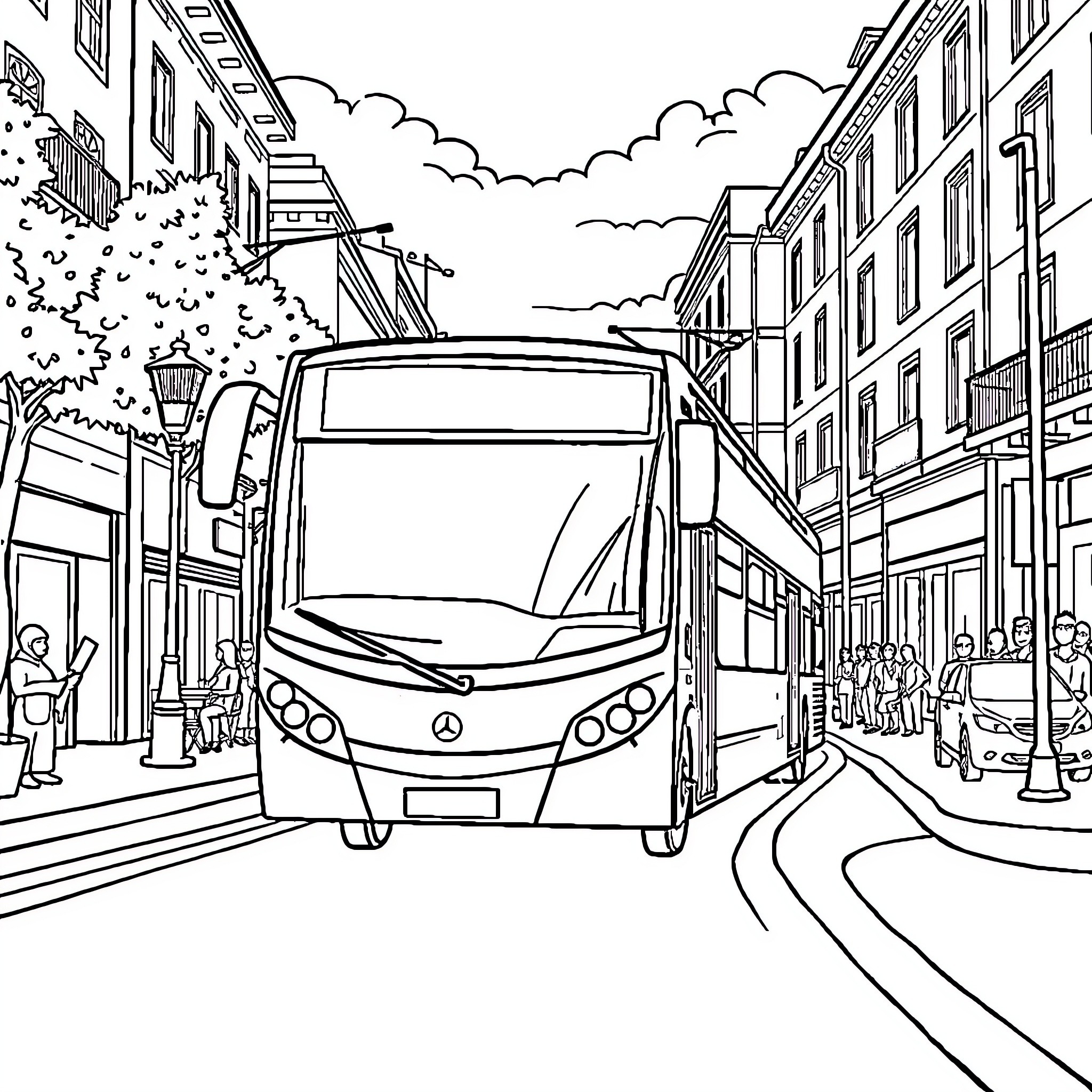 Bus Traveling Through a Busy City Street Coloring Page (free black-and-white line drawing printable PDF for all, from beginners to advanced learners, including children, teens, adults, and seniors)