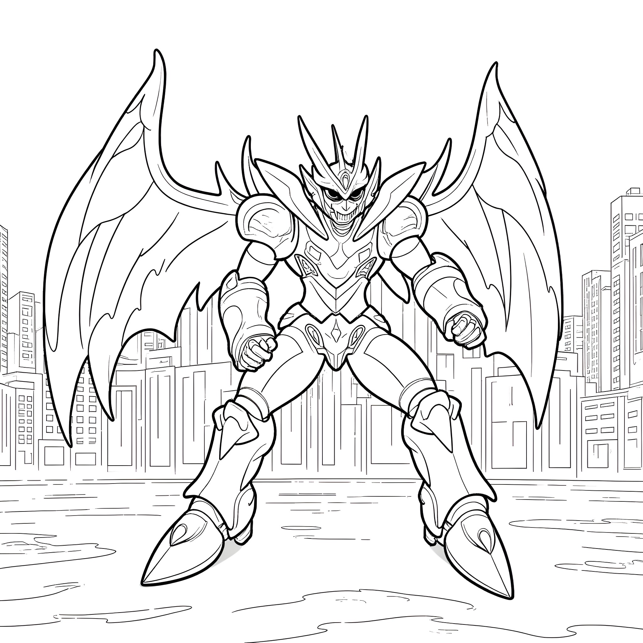 Voltron Defender Standing Tall in the City Coloring Page (free black-and-white line drawing printable PDF for all, from beginners to advanced learners, including children, teens, adults, and seniors)