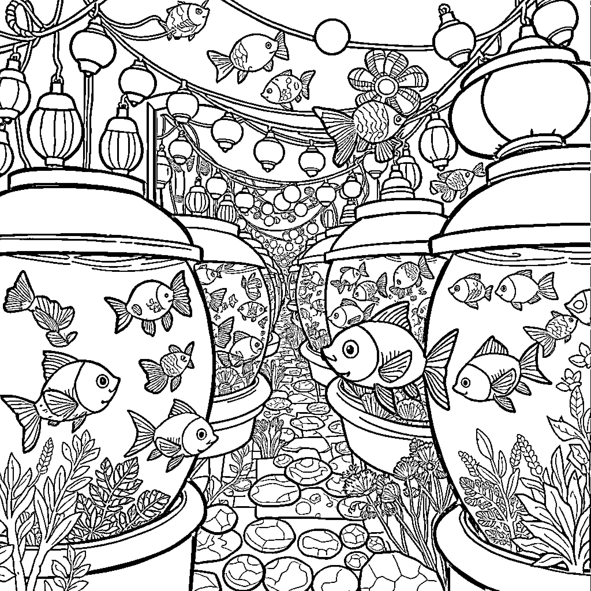Fish swimming in vibrant underwater scene Coloring Page (free black-and-white line drawing printable PDF for all, from beginners to advanced learners, including children, teens, adults, and seniors)