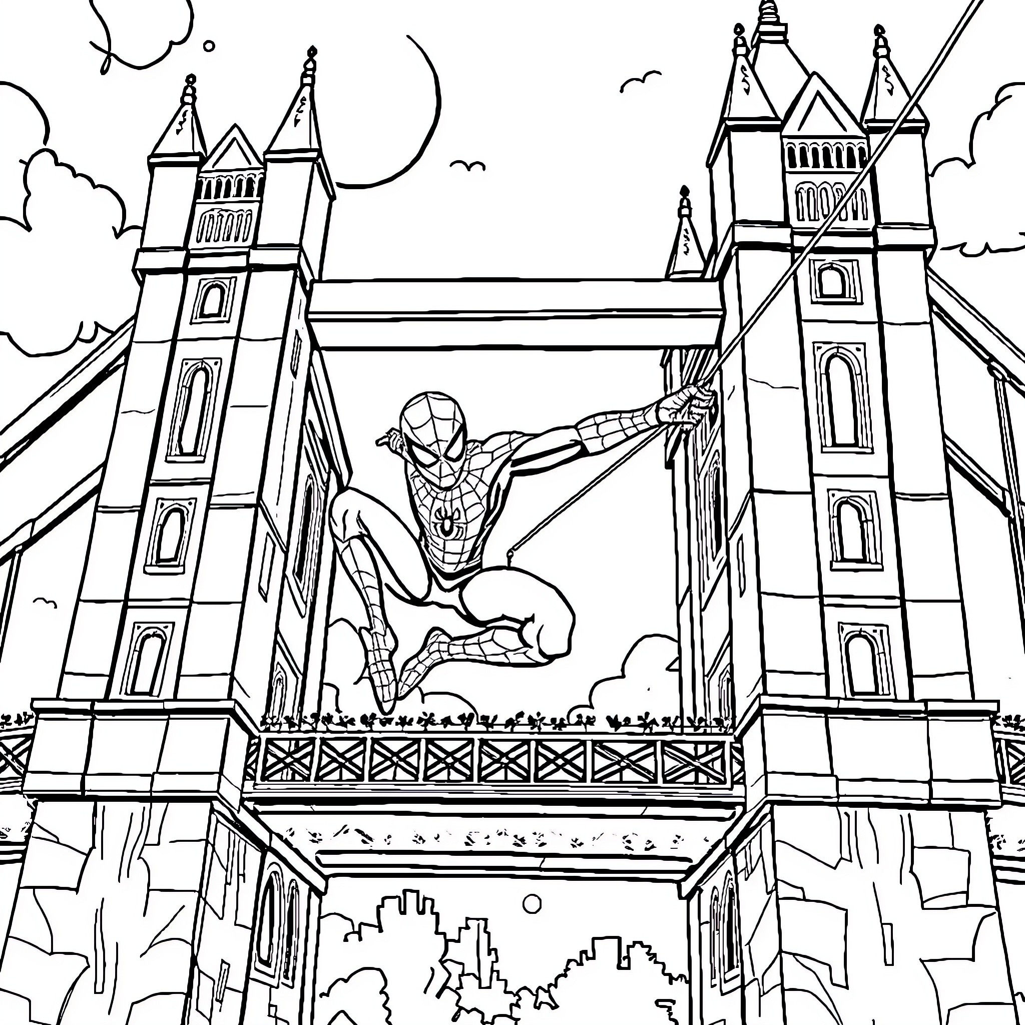 Spiderman swinging through the city skyline Coloring Page (free black-and-white line drawing printable PDF for all, from beginners to advanced learners, including children, teens, adults, and seniors)