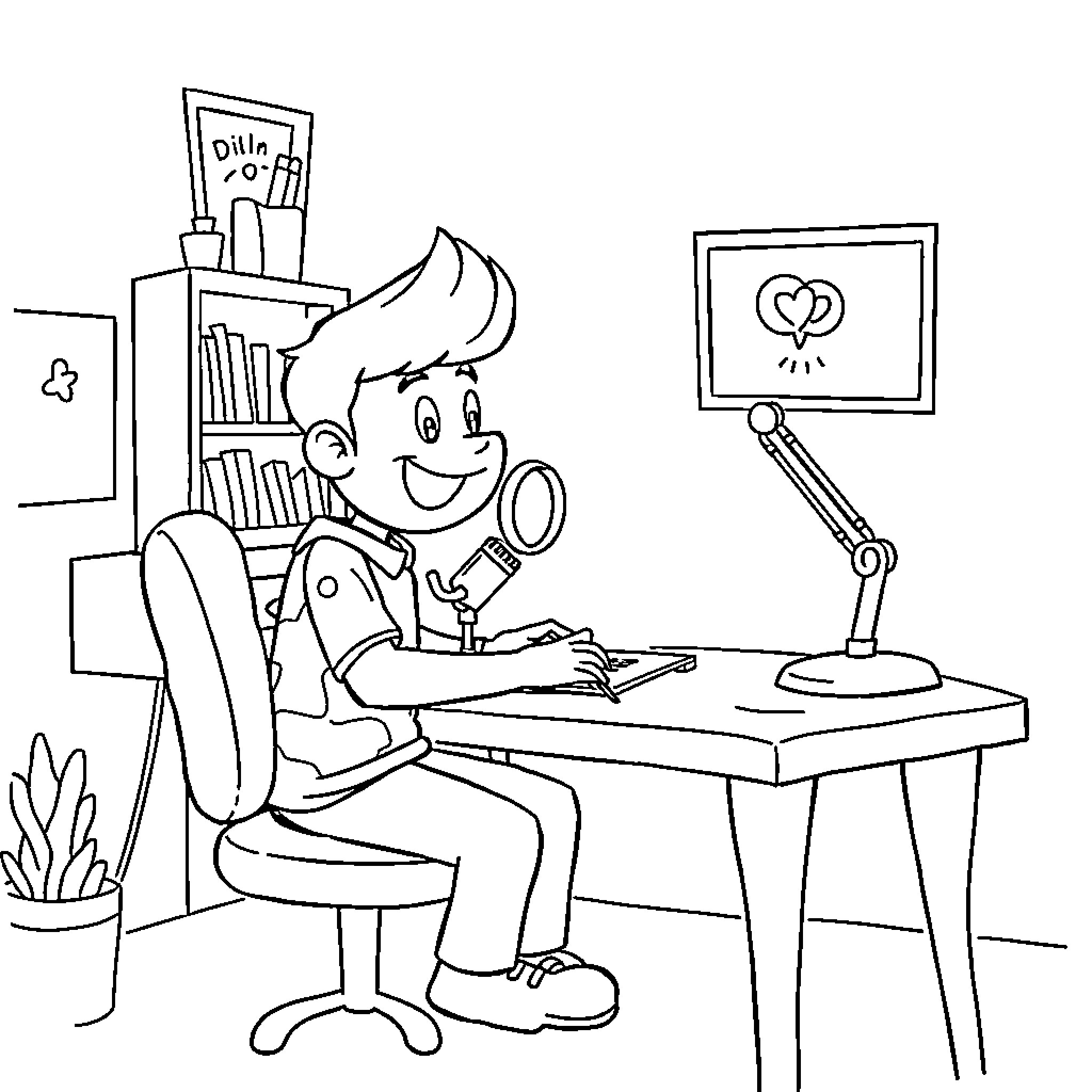 Foltyn working diligently at his desk Coloring Page (free black-and-white line drawing printable PDF for all, from beginners to advanced learners, including children, teens, adults, and seniors)