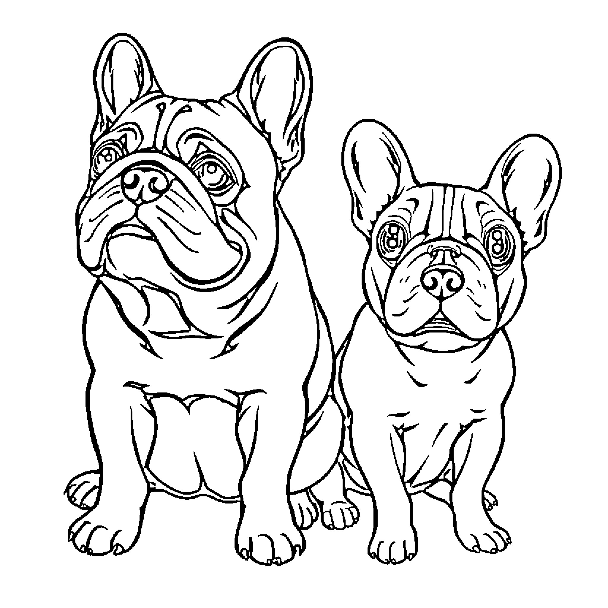 French Bulldog Pals Happily Posing Together Coloring Page (free black-and-white line drawing printable PDF for all, from beginners to advanced learners, including children, teens, adults, and seniors)