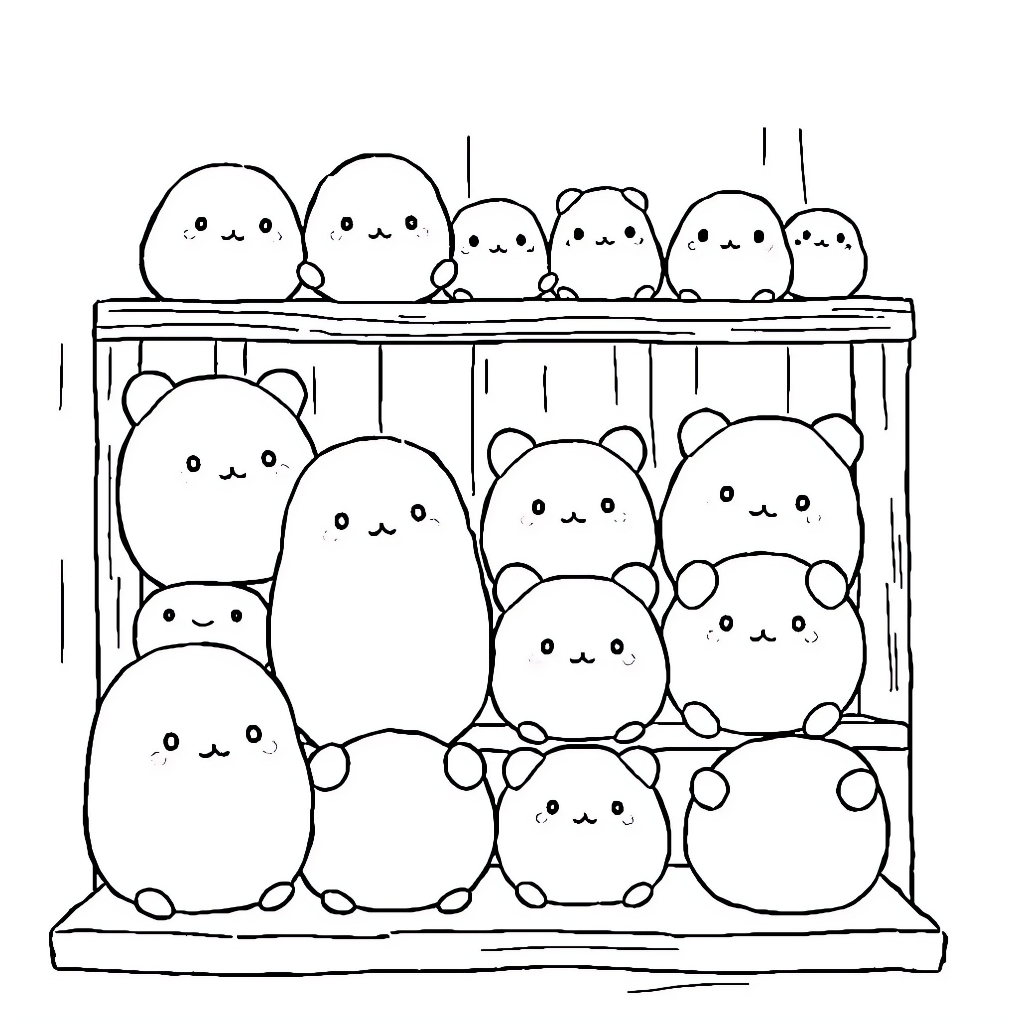 Squishmallow characters in a cozy display Coloring Page (free black-and-white line drawing printable PDF for all, from beginners to advanced learners, including children, teens, adults, and seniors)