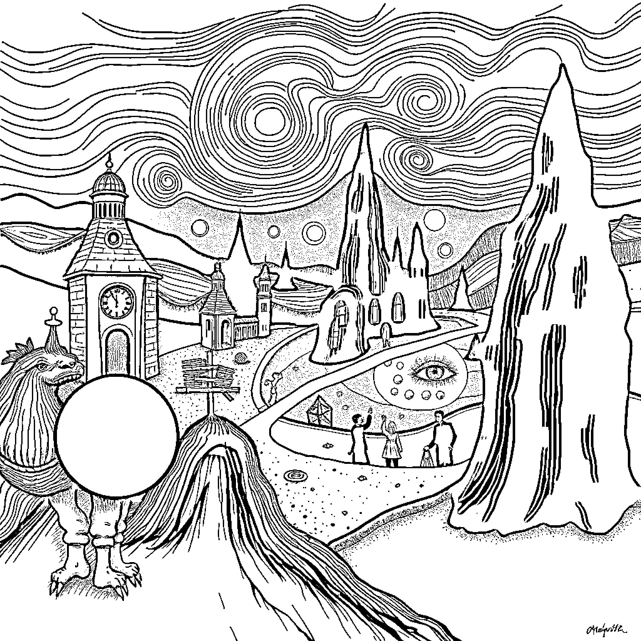 Magritte's Surreal Landscape with Dreamlike Elements Coloring Page (free black-and-white line drawing printable PDF for all, from beginners to advanced learners, including children, teens, adults, and seniors)