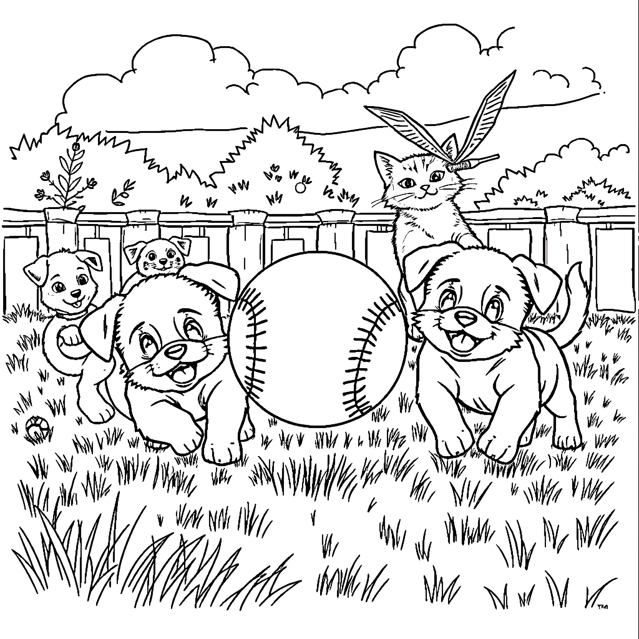 Puppy friends playing in the backyard Coloring Page (free black-and-white line drawing printable PDF for all, from beginners to advanced learners, including children, teens, adults, and seniors)