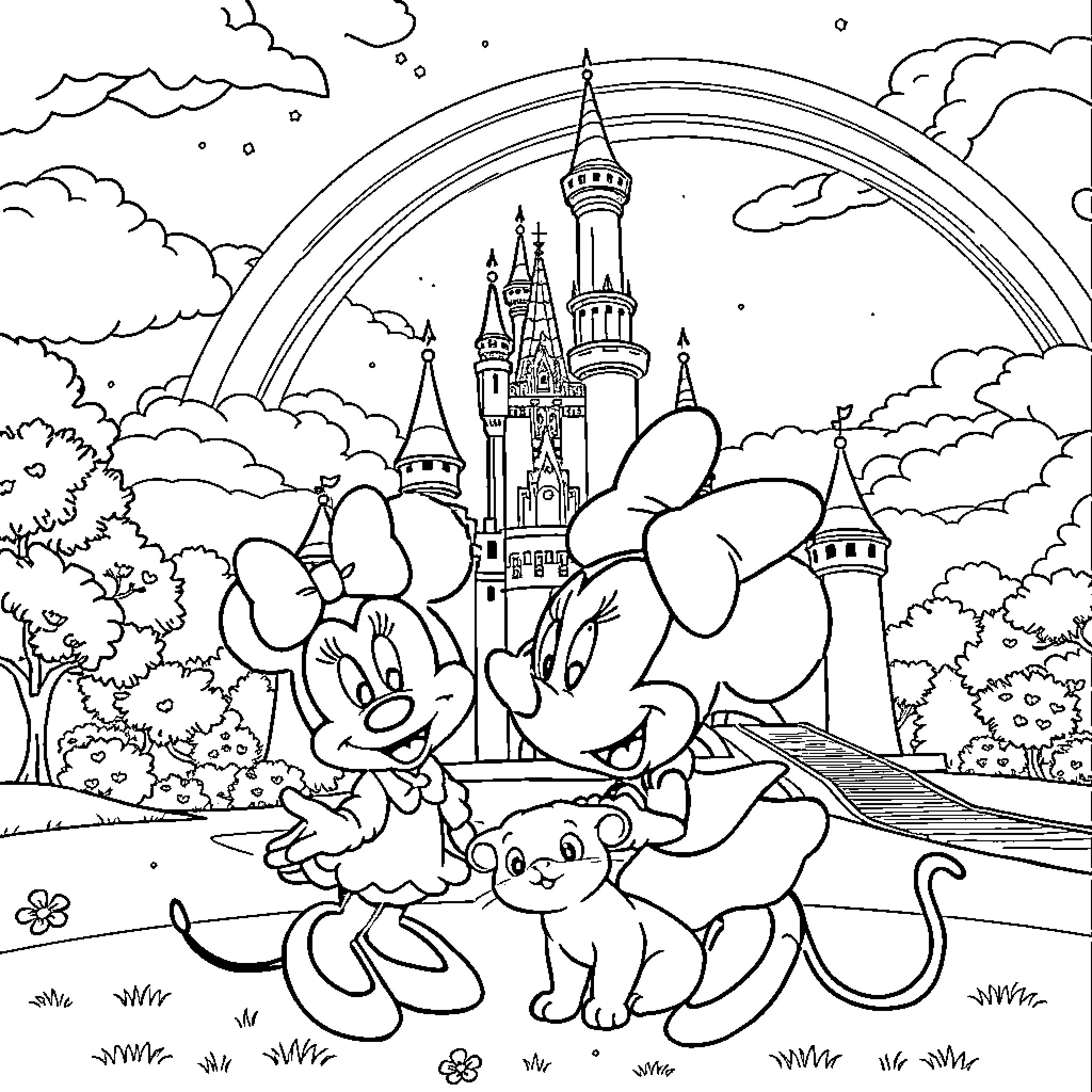 Unicorn and Fairytale Castle Adventure Coloring Page (free black-and-white line drawing printable PDF for all, from beginners to advanced learners, including children, teens, adults, and seniors)