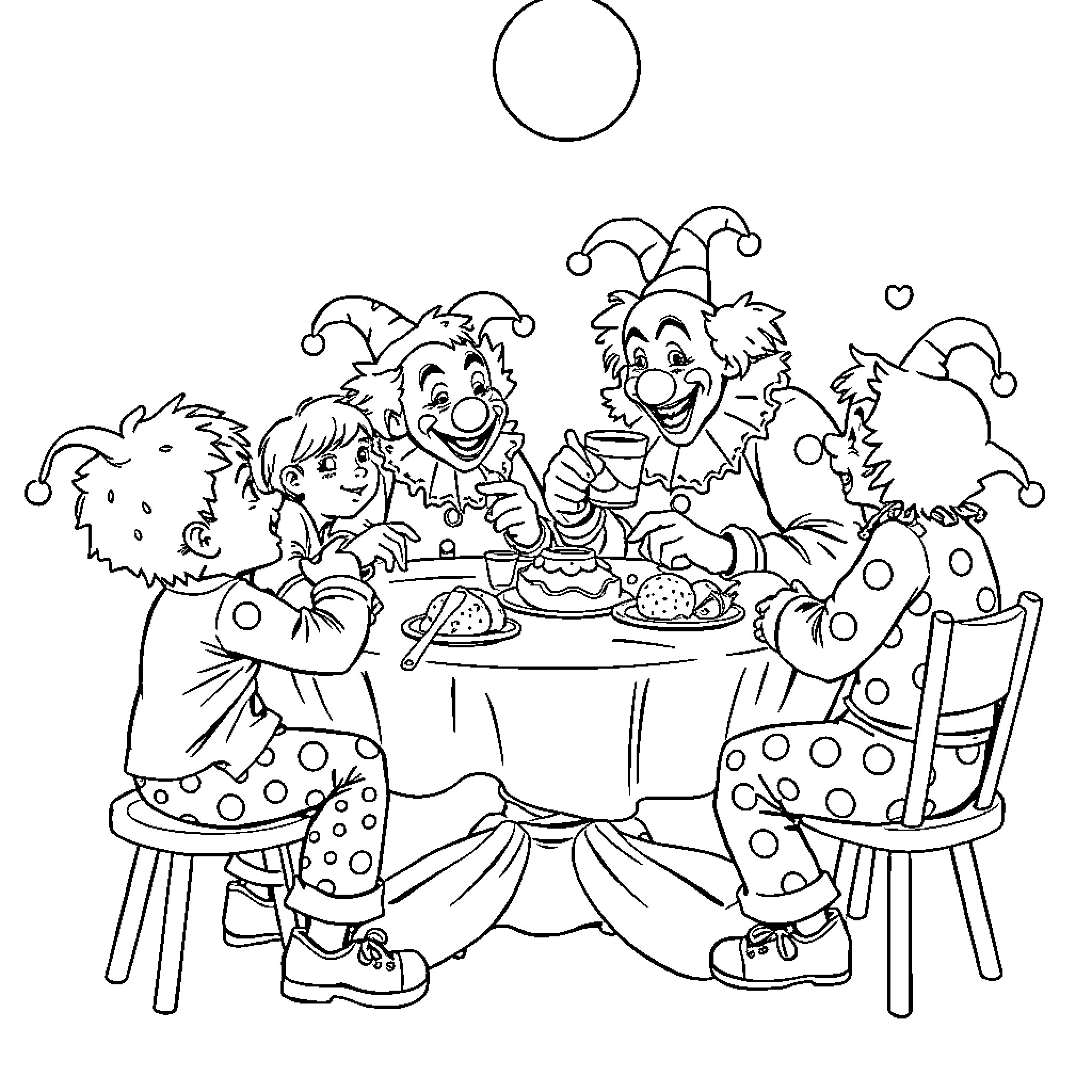 Clowns enjoying a festive meal together Coloring Page (free black-and-white line drawing printable PDF for all, from beginners to advanced learners, including children, teens, adults, and seniors)