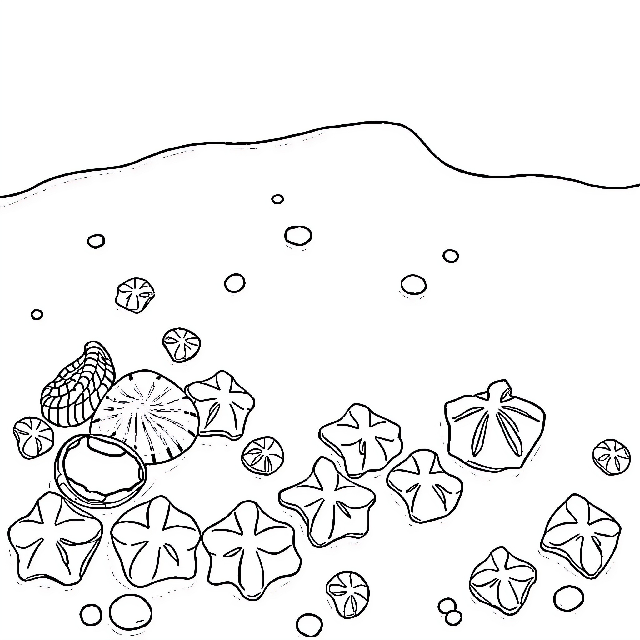 Shell-shaped objects floating in water Coloring Page (free black-and-white line drawing printable PDF for all, from beginners to advanced learners, including children, teens, adults, and seniors)