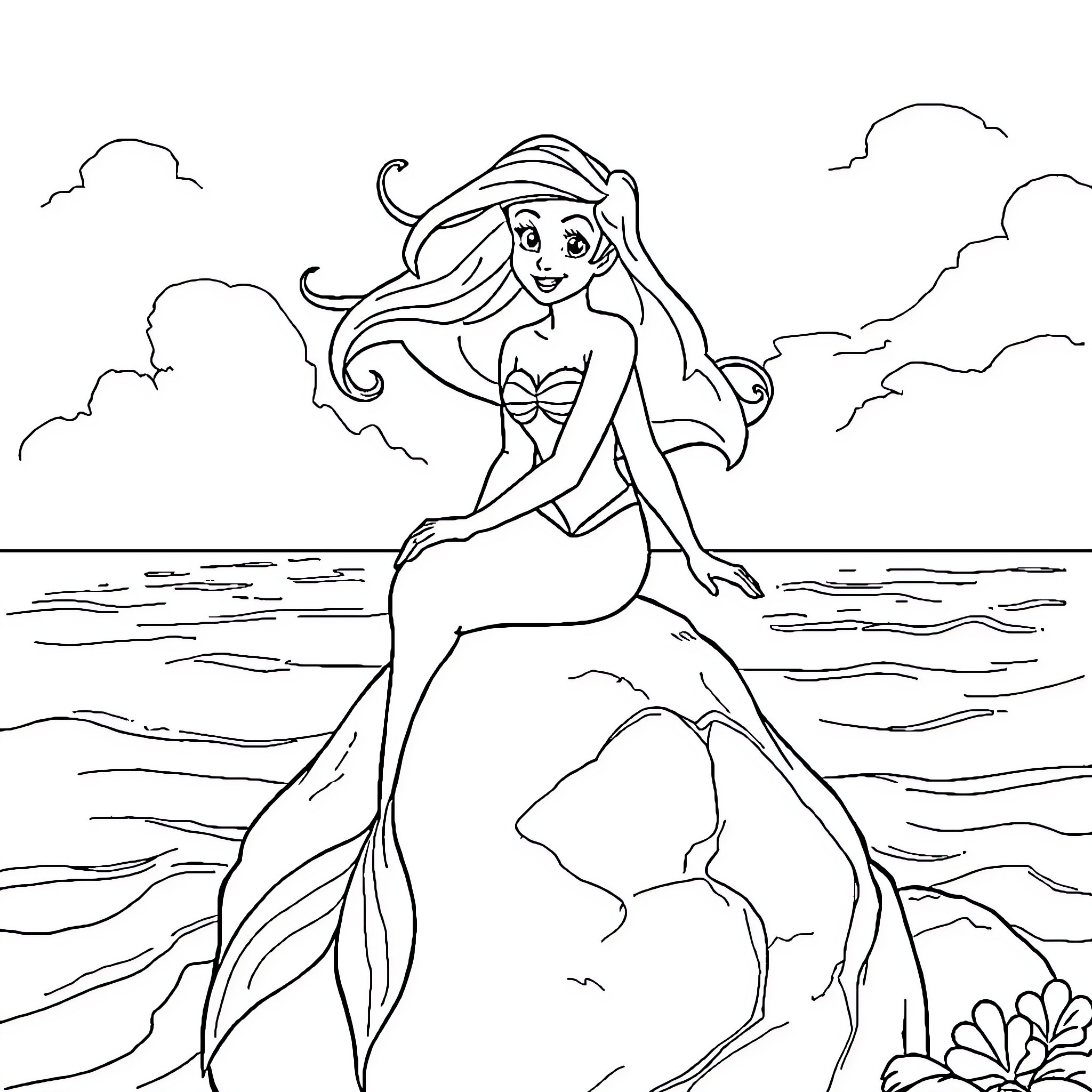 Ariel the Mermaid enjoying the sea breeze Coloring Page (free black-and-white line drawing printable PDF for all, from beginners to advanced learners, including children, teens, adults, and seniors)