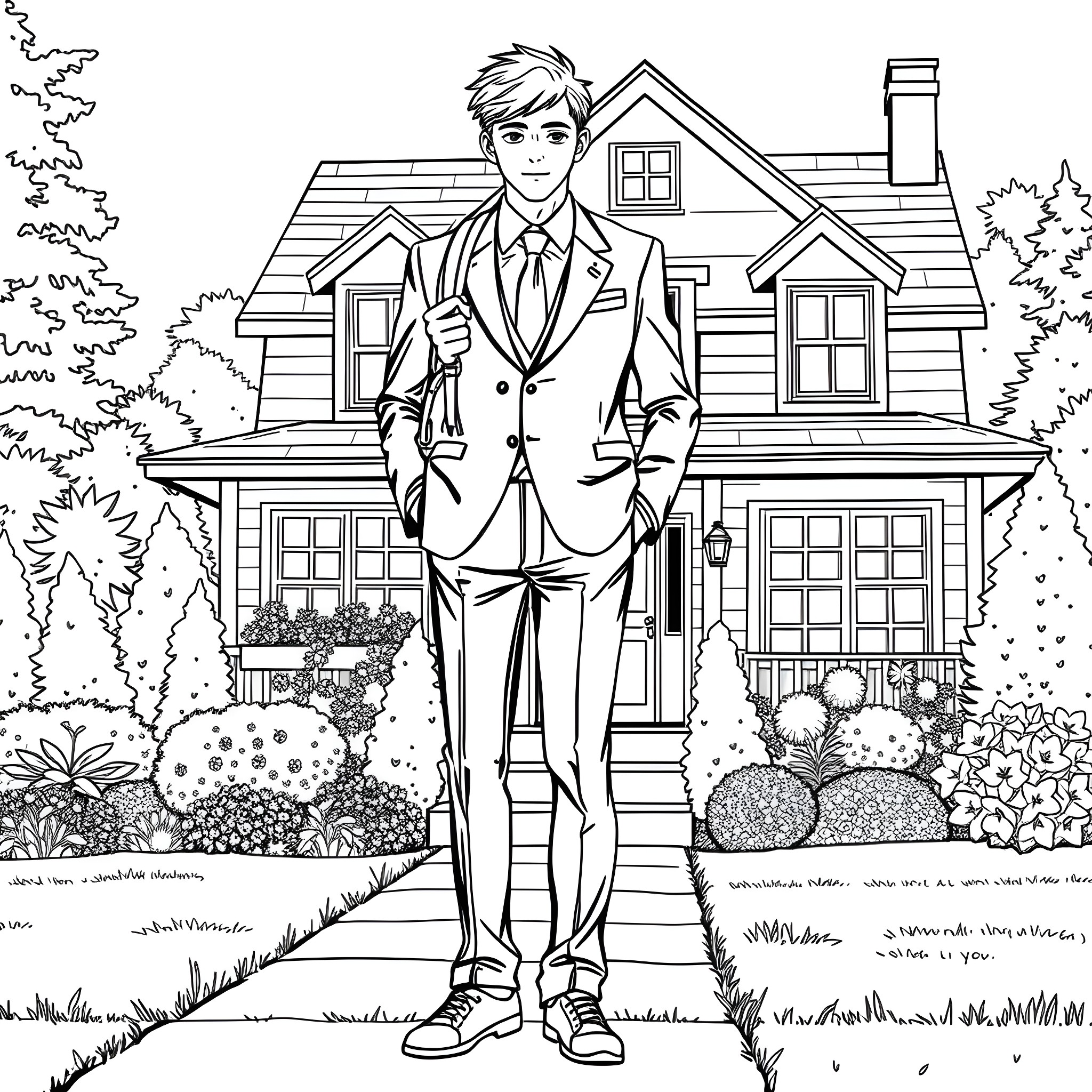 Teen in formal attire standing in front of a house Coloring Page (free black-and-white line drawing printable PDF for all, from beginners to advanced learners, including children, teens, adults, and seniors)