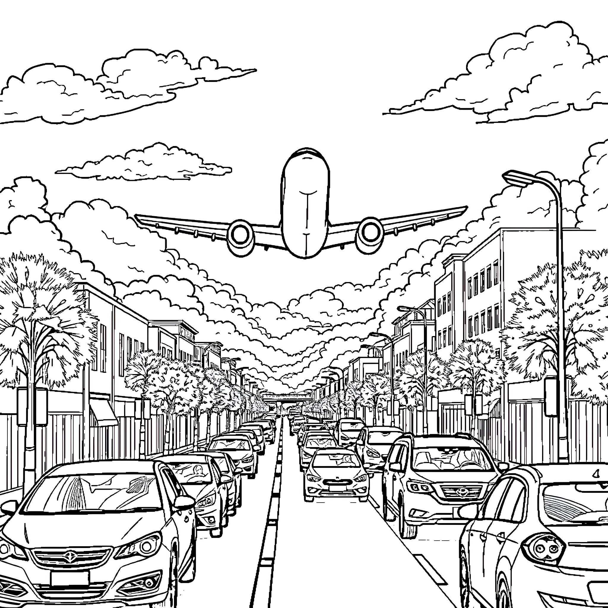 Airplane soaring over busy city street Coloring Page (free black-and-white line drawing printable PDF for all, from beginners to advanced learners, including children, teens, adults, and seniors)