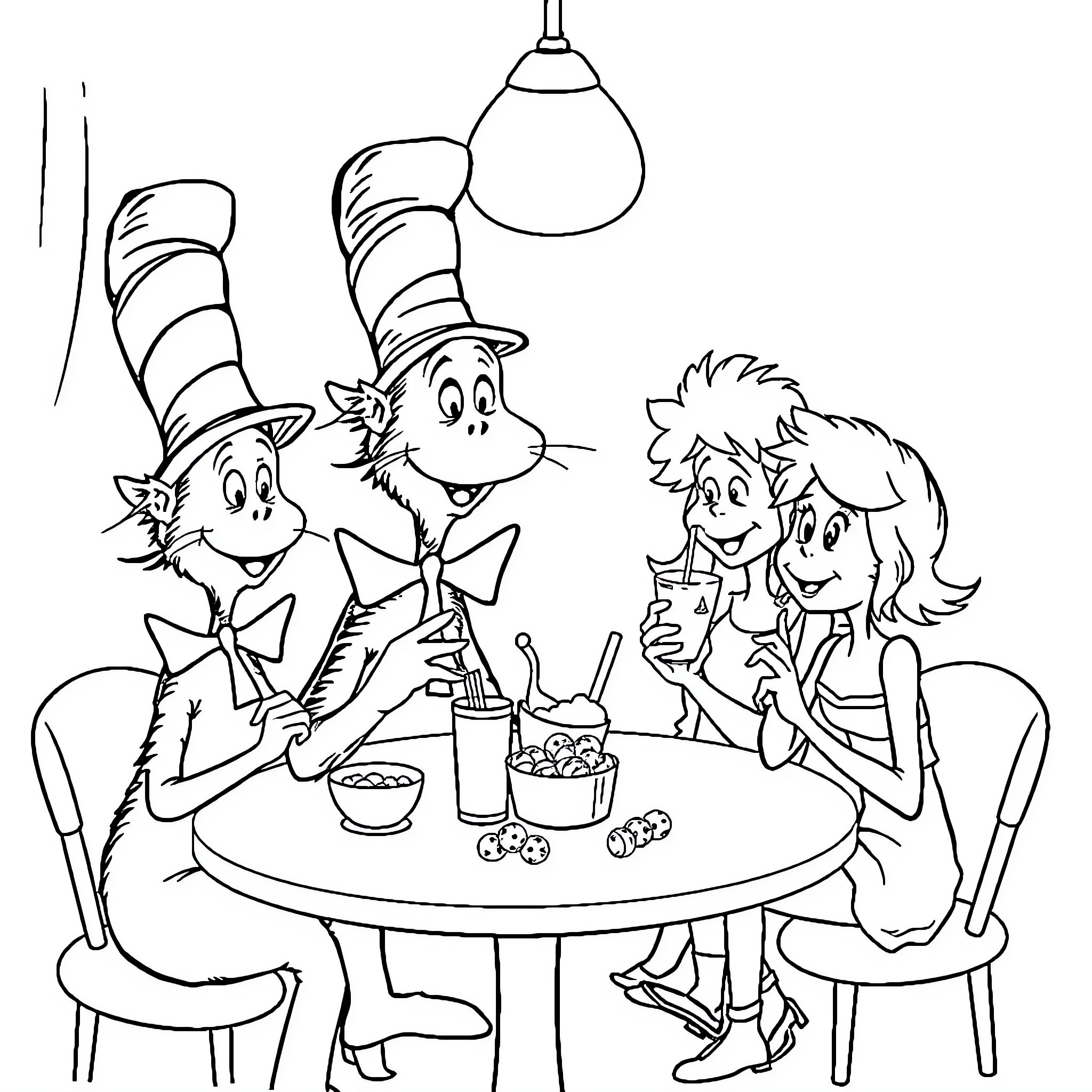 Dr. Seuss Characters Enjoying Treats Together Coloring Page (free black-and-white line drawing printable PDF for all, from beginners to advanced learners, including children, teens, adults, and seniors)