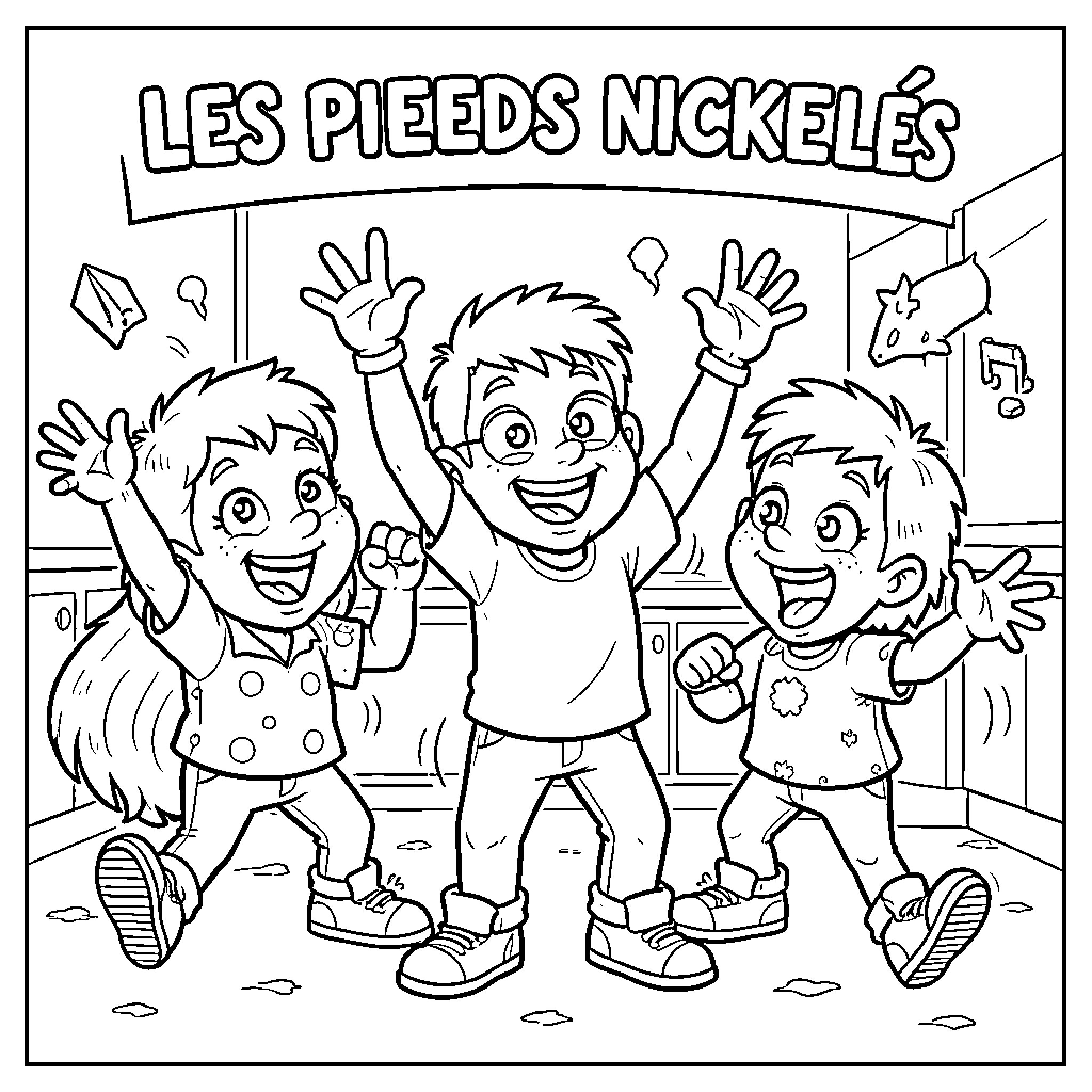 Les Pieds Nickelés celebrating joyfully with arms raised Coloring Page (free black-and-white line drawing printable PDF for all, from beginners to advanced learners, including children, teens, adults, and seniors)