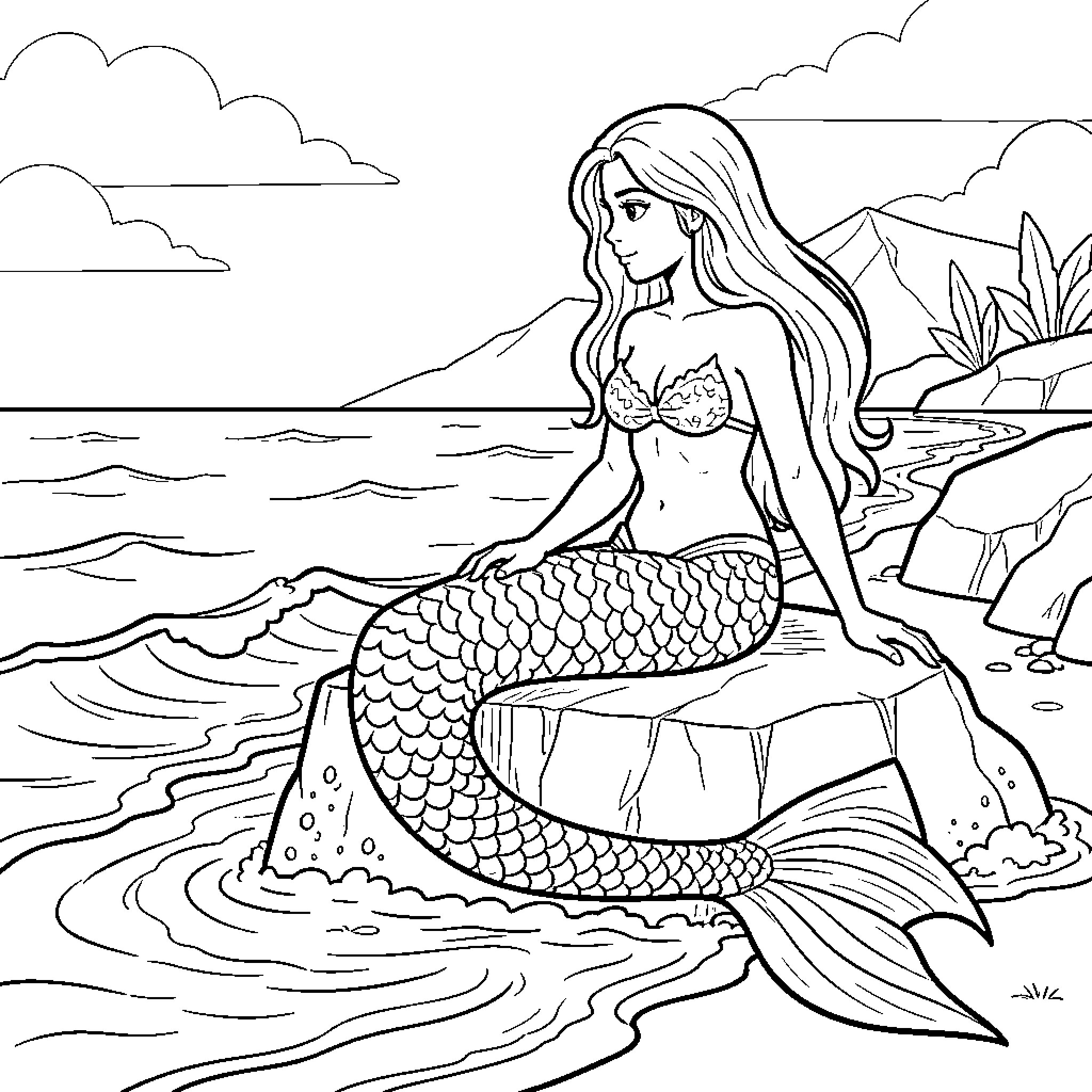 Mermaid sitting peacefully on a rock by the sea Coloring Page (free black-and-white line drawing printable PDF for all, from beginners to advanced learners, including children, teens, adults, and seniors)